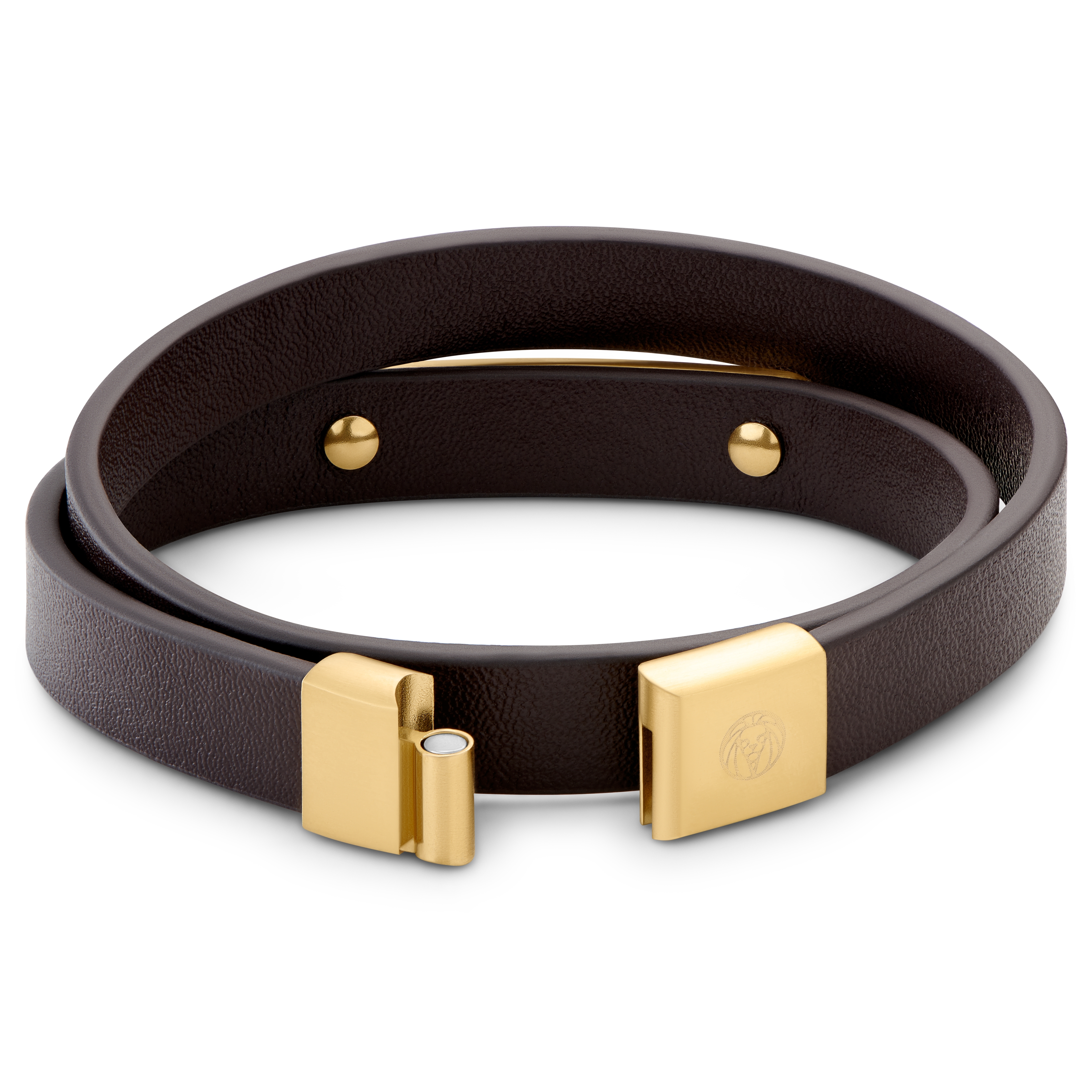 Nomen | Bracciale a doppia fascia con piastrina color oro in pelle marrone - 5
