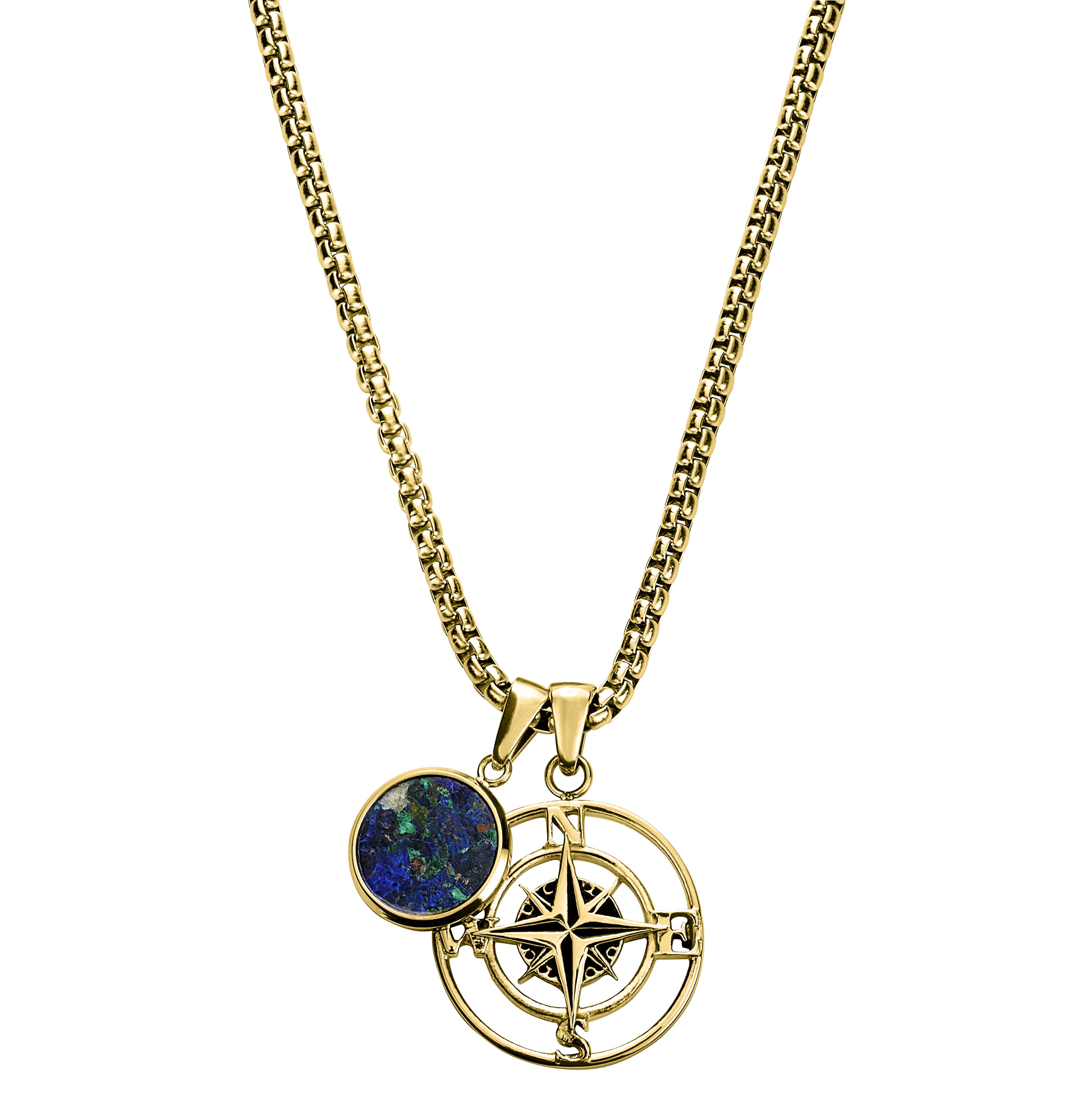 Atlas | Collier doré à pendentif boussole et pierre d'azurite et malachite