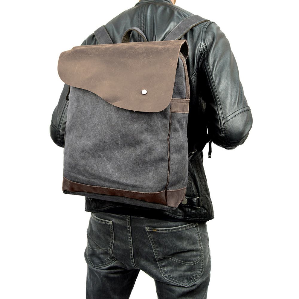 hover: Retro Charcoal Grey Canvas & Dark Leather Backpack hover: Retro Charcoal Grey Canvas & Dark Leather Backpack