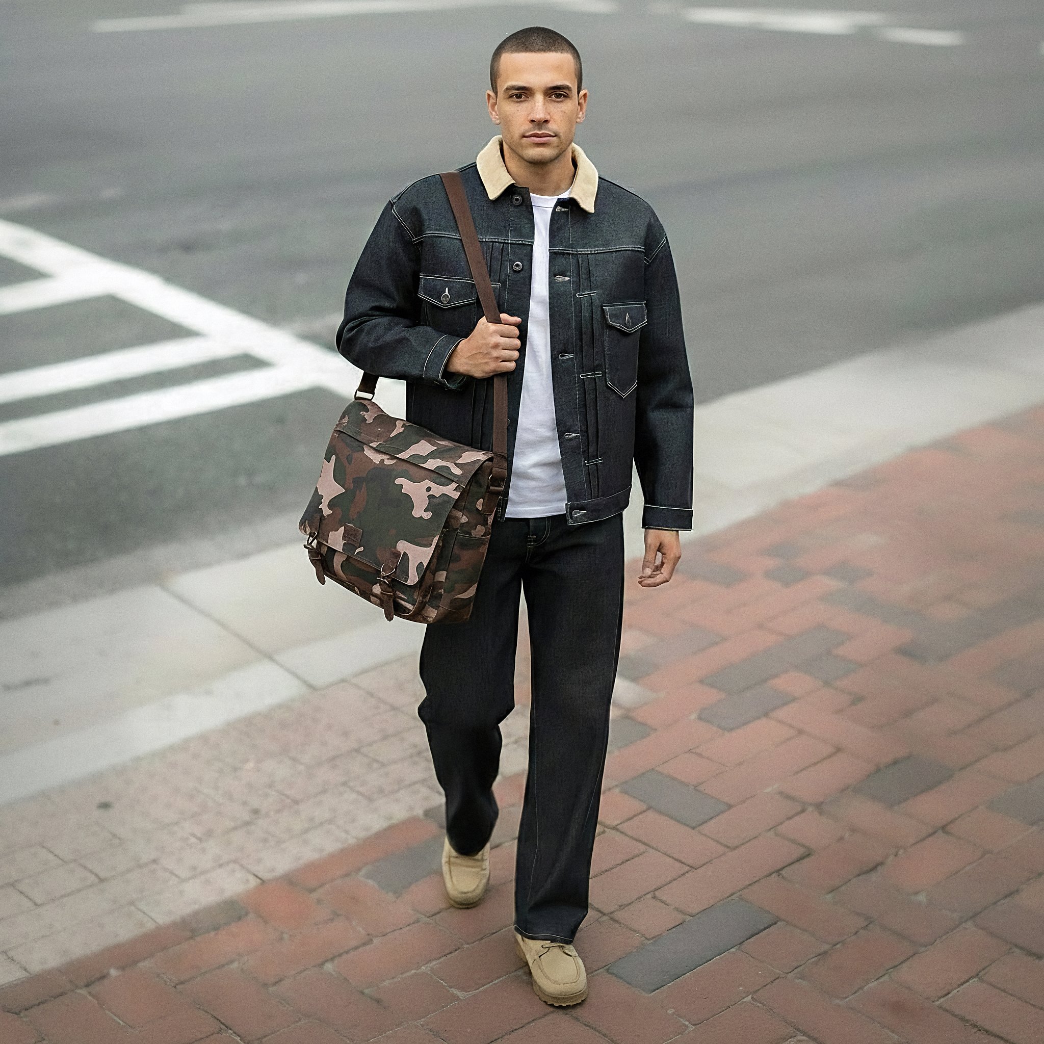 Leaf Pattern Camoflage Canvas & Buffalo Leather Satchel - 3