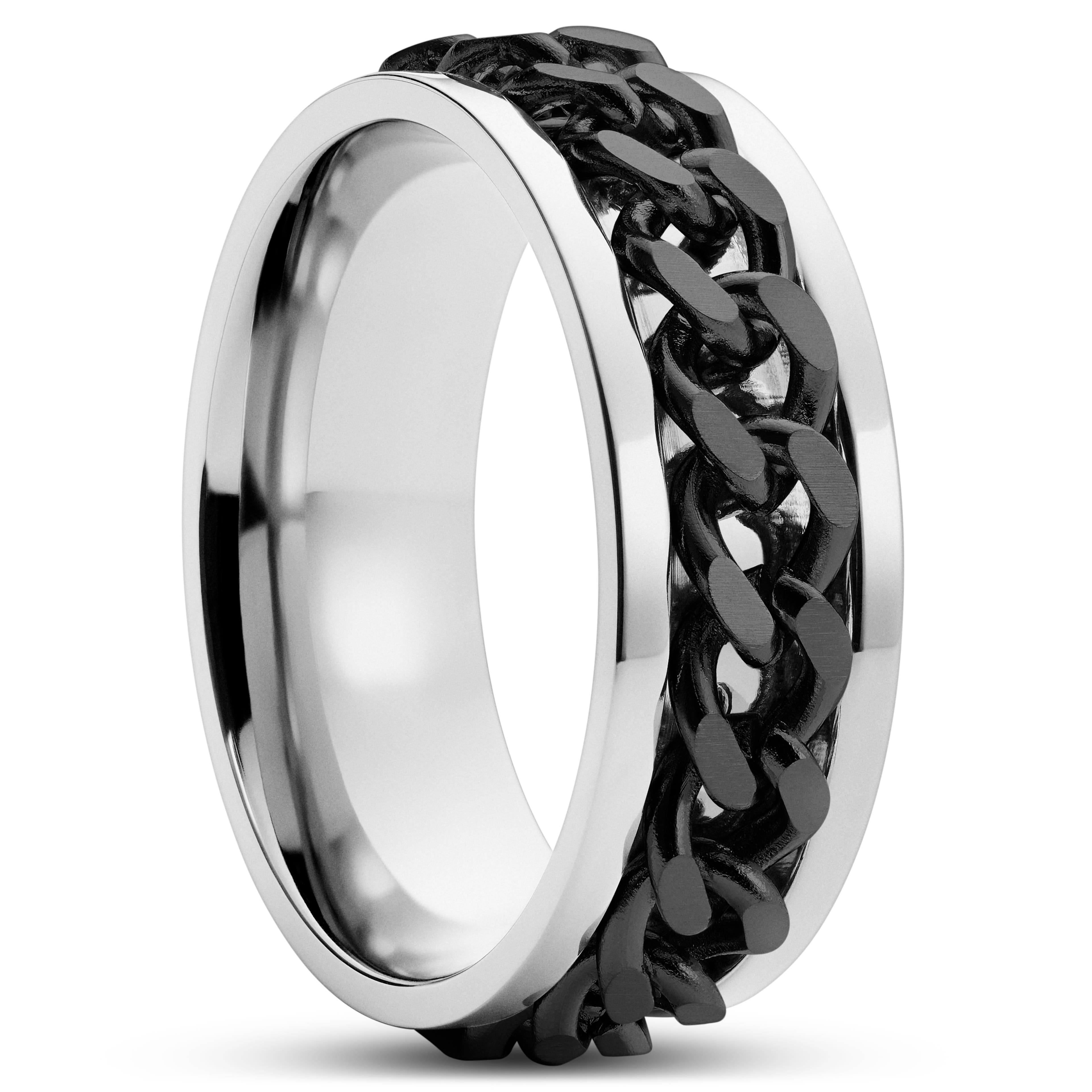 Sentio | Anillo de acero inoxidable con cadena barbada en negro y plateado Sentio | Anillo de acero inoxidable con cadena barbada en negro y plateado
