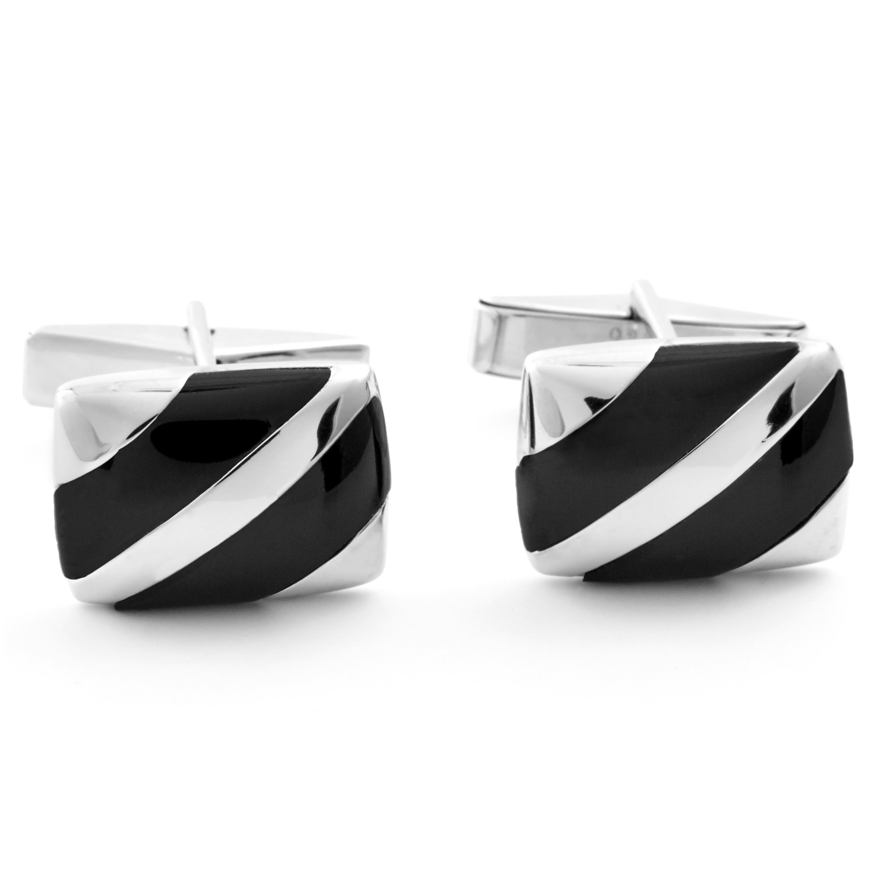 Diagonally Striped 925s Silver Cufflinks and Tie Clip Set - 3