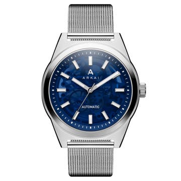 Caron | Синьо-сребрист стоманен часовник с автоматичен видим механизъм