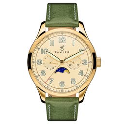 Orrin  | Gold-Tone Moonphase Watch With Gold-Tone Dial & Forest Green Leather Strap
