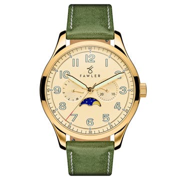 Orrin  | Gold-Tone Moonphase Watch With Gold-Tone Dial & Forest Green Leather Strap