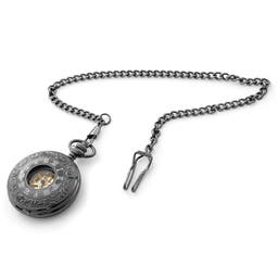 Small Black Ornate Skeleton Pocket Watch With Gold-Tone Movement & Black Cable Chain