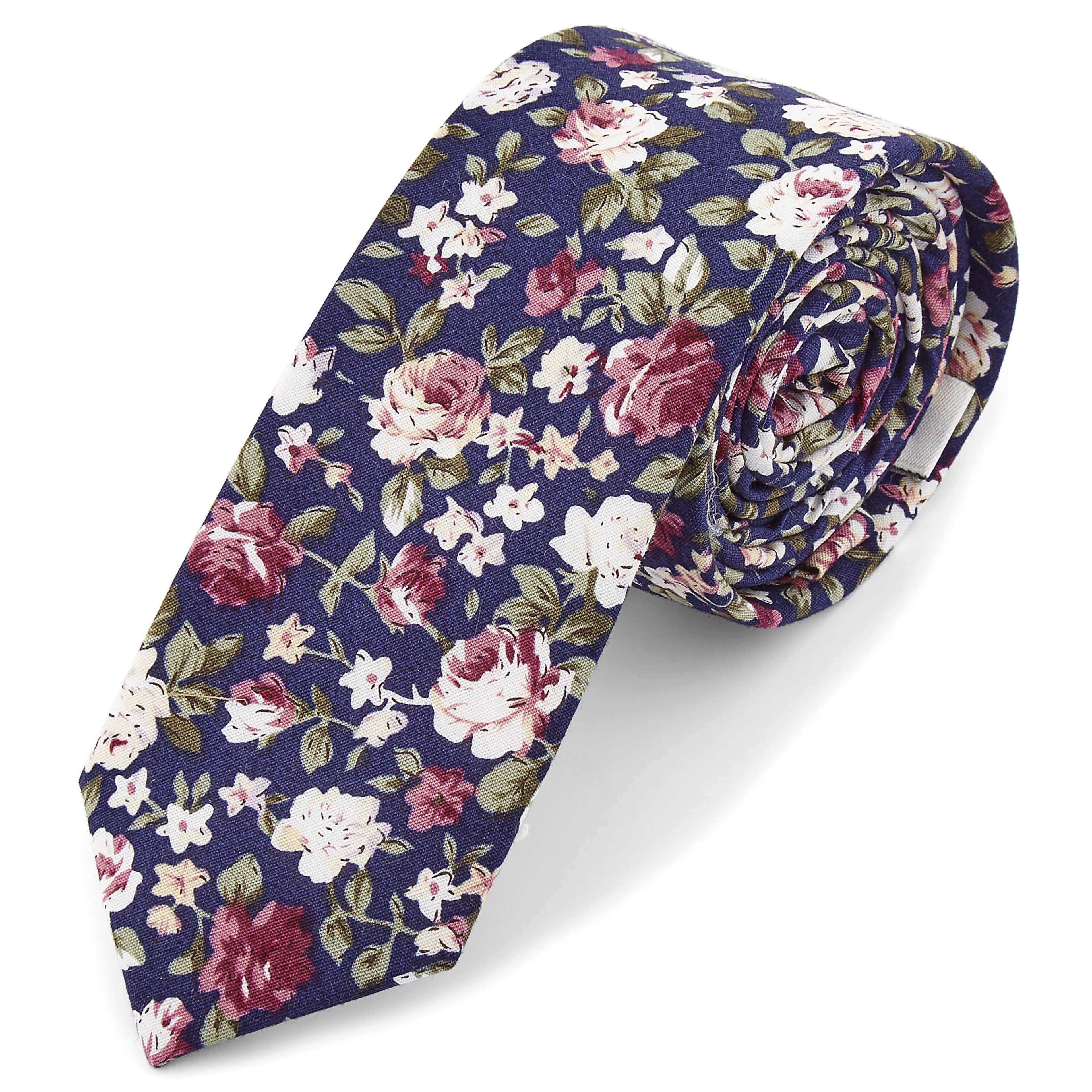 Cravată albastru închis cu motiv floral