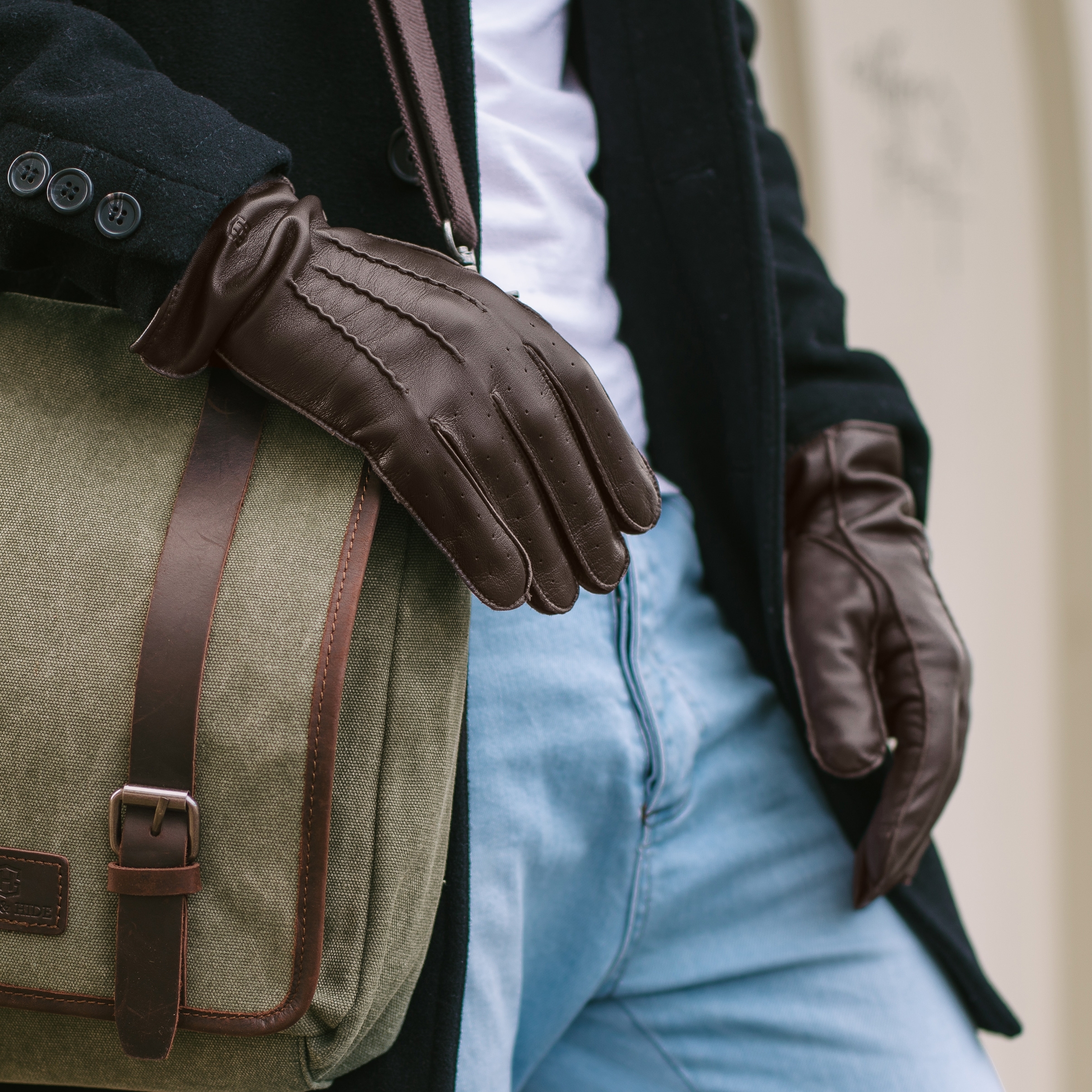 Cuffed Dark Brown Perforated Touchscreen Compatible Sheep leather Gloves - 4