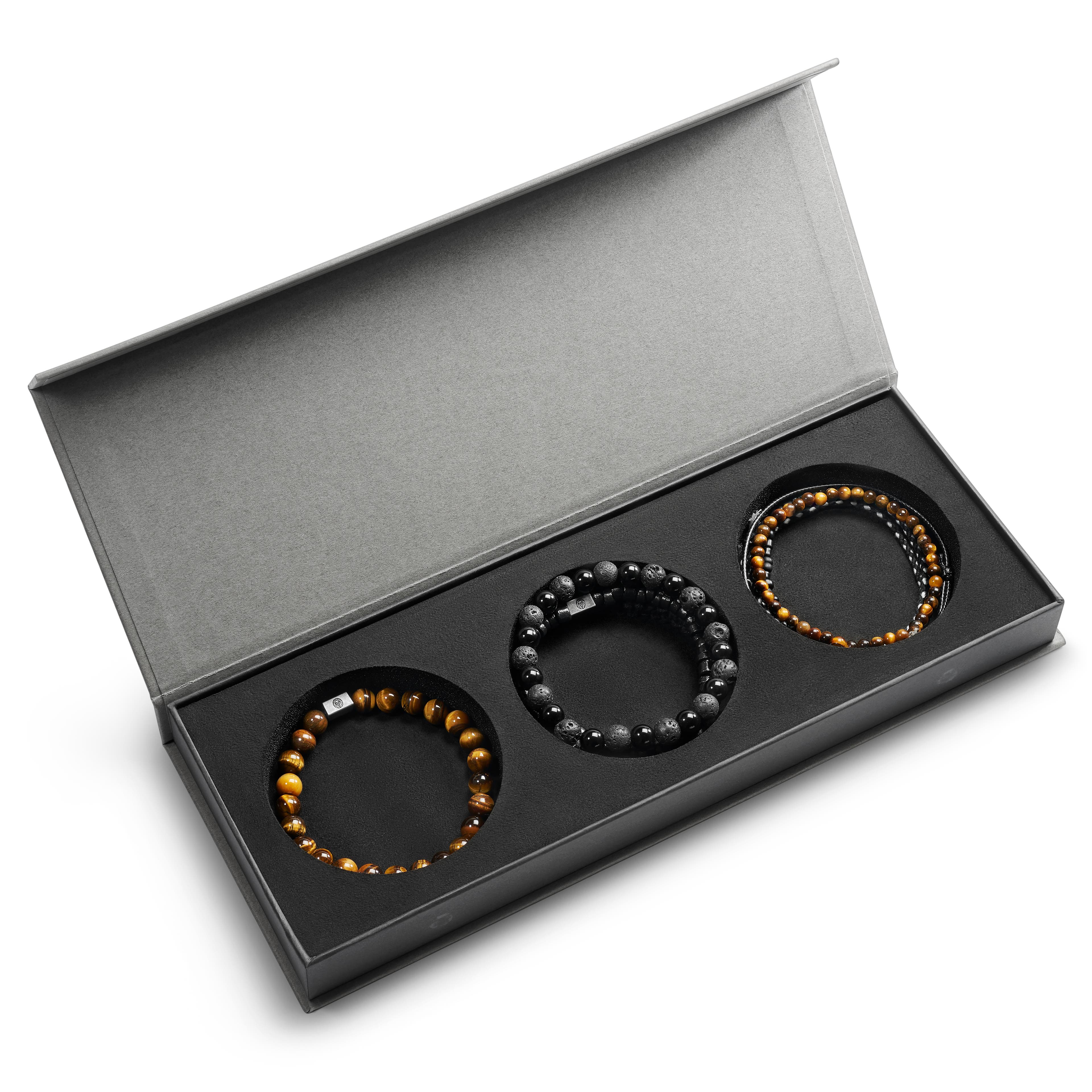 Scatola regalo con bracciale in occhio di tigre, pietra lavica, onice, legno e pelle - 1