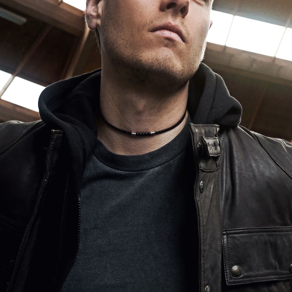 hover: Tenvis | 3 mm Silver-tone Onyx Leather Necklace hover: Tenvis | 3 mm Silver-tone Onyx Leather Necklace