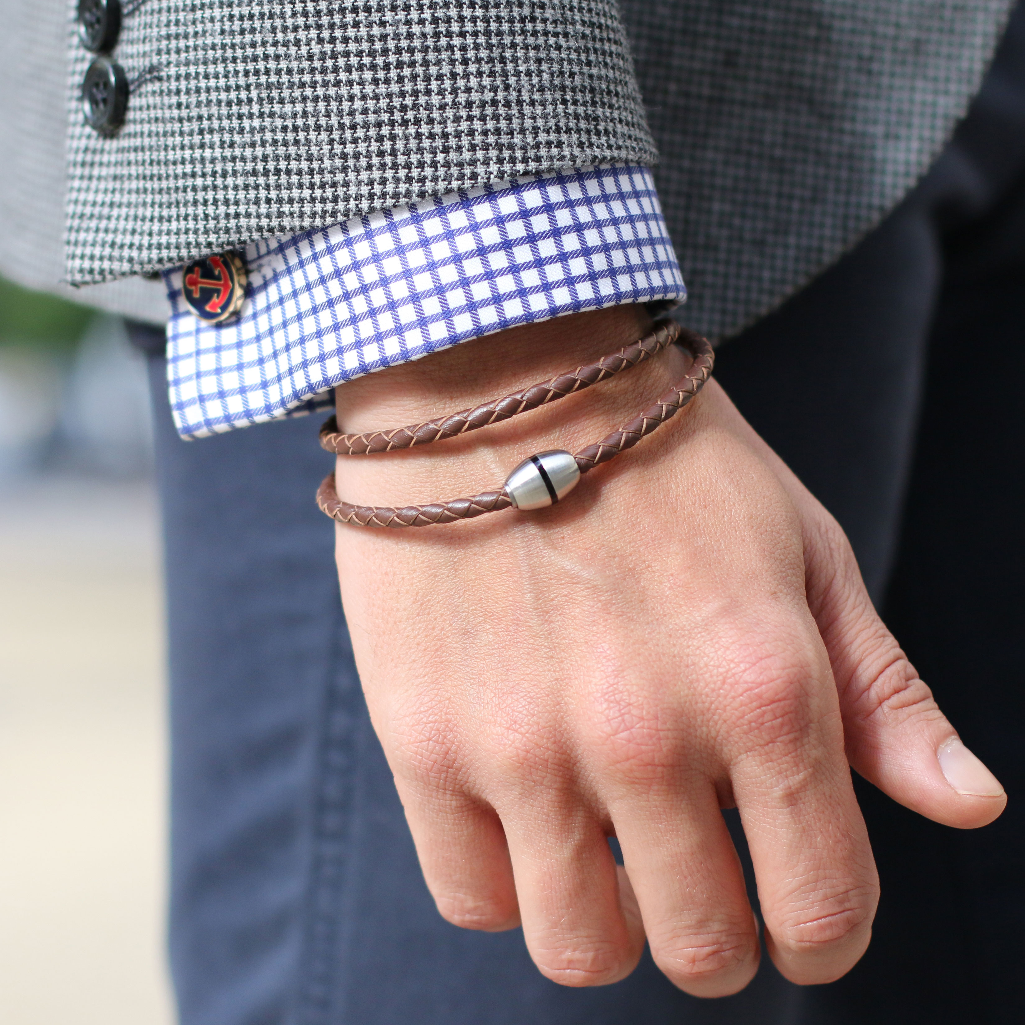 Brown Braided Leather & Stainless Steel Wrap Bracelet - 7