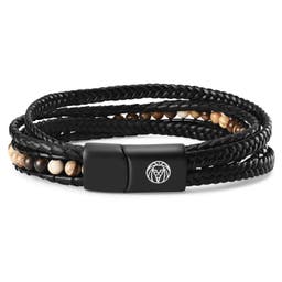 Naxos | Black Braided Leather & Coral Jade Bead Bracelet