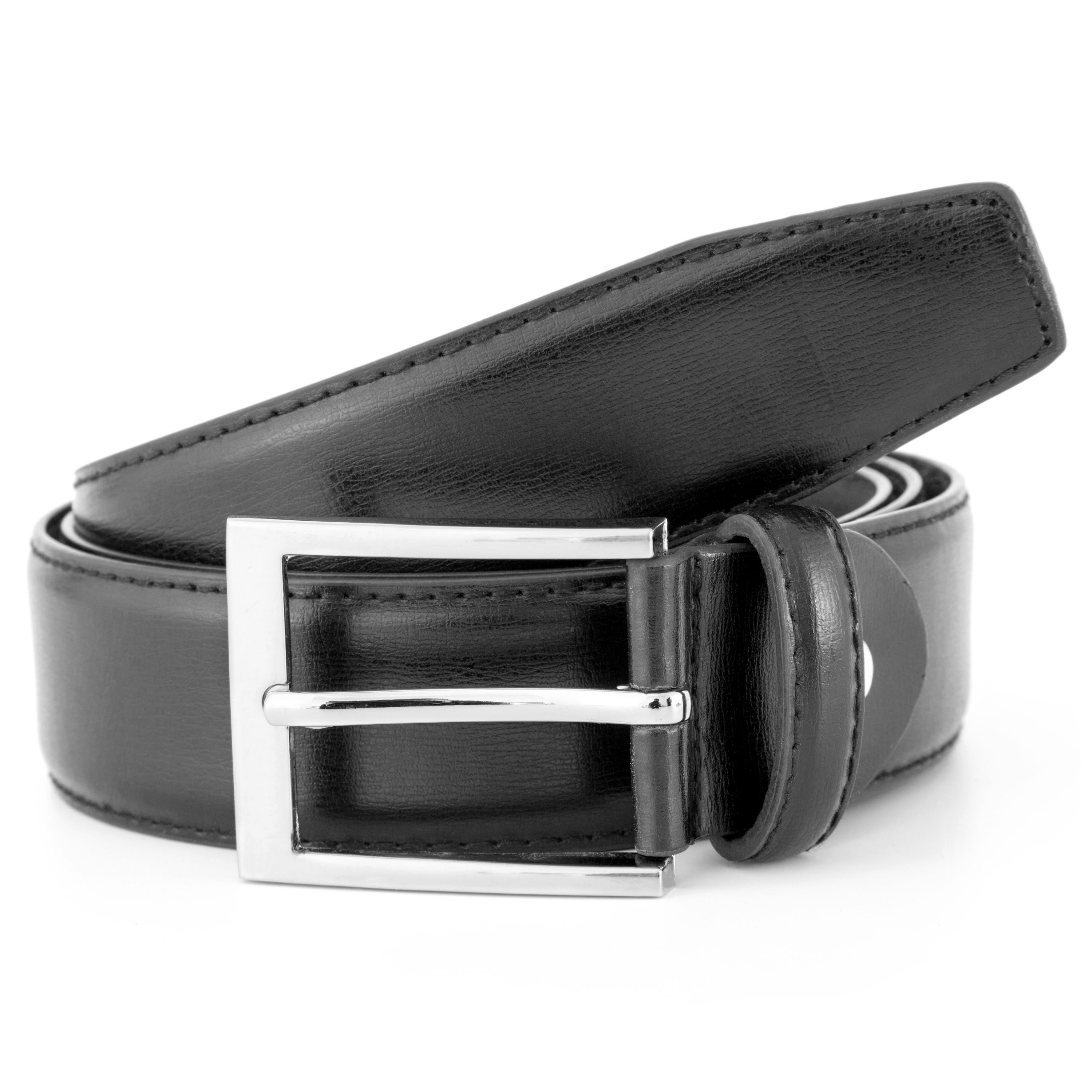 Basic Silver-Tone Buckle Black Leather Belt - 1