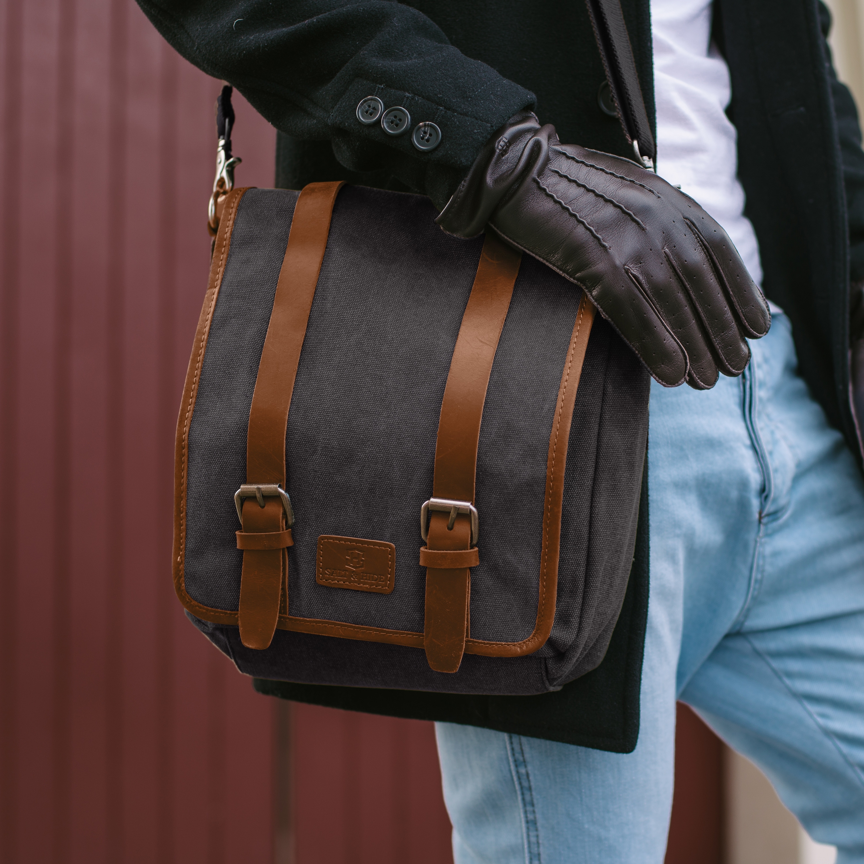 Tarpa, Graphite Canvas & Tan Leather Messenger Bag