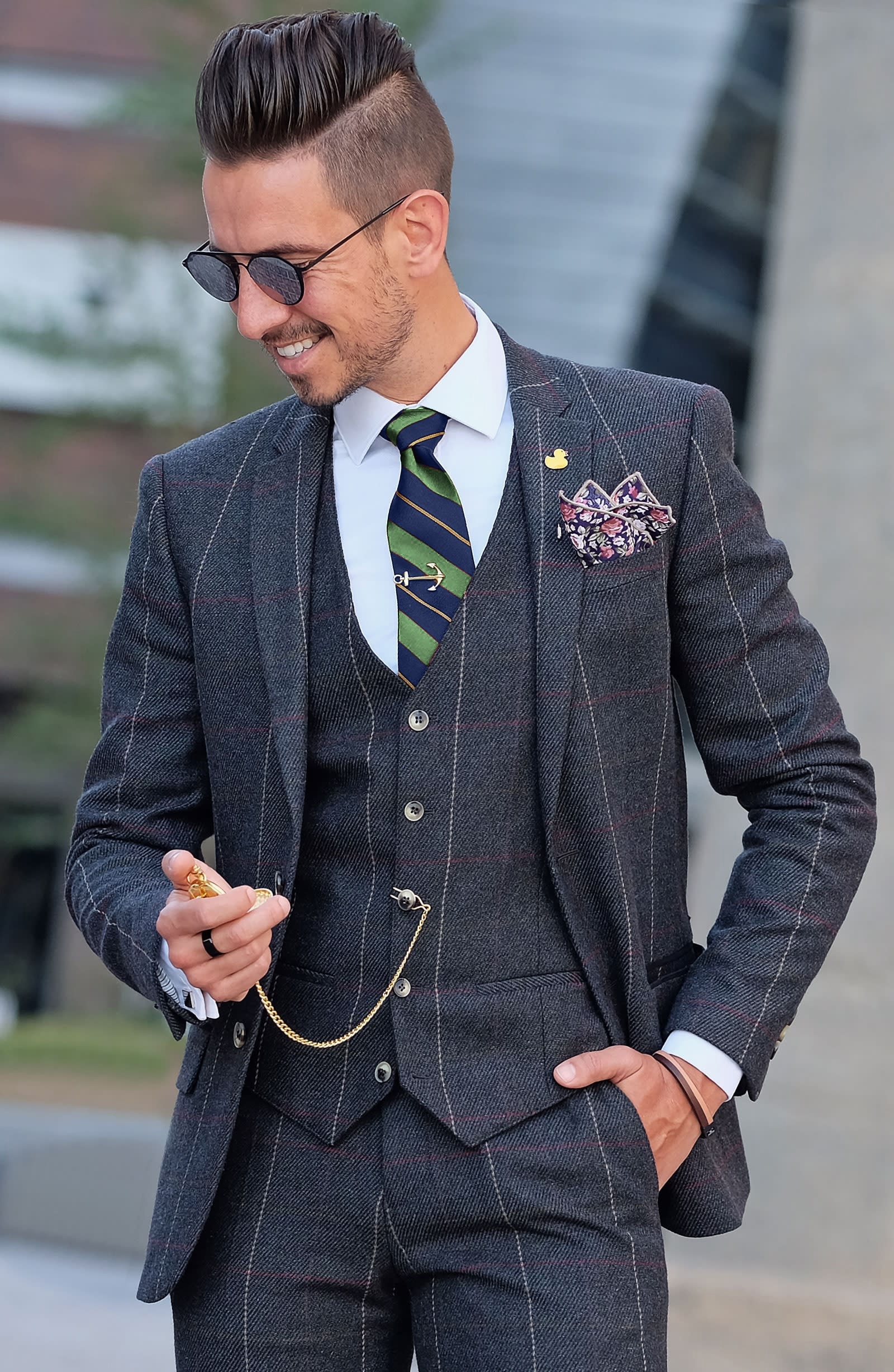 Green & Gold Stripe Navy Silk 8cm Tie - 4