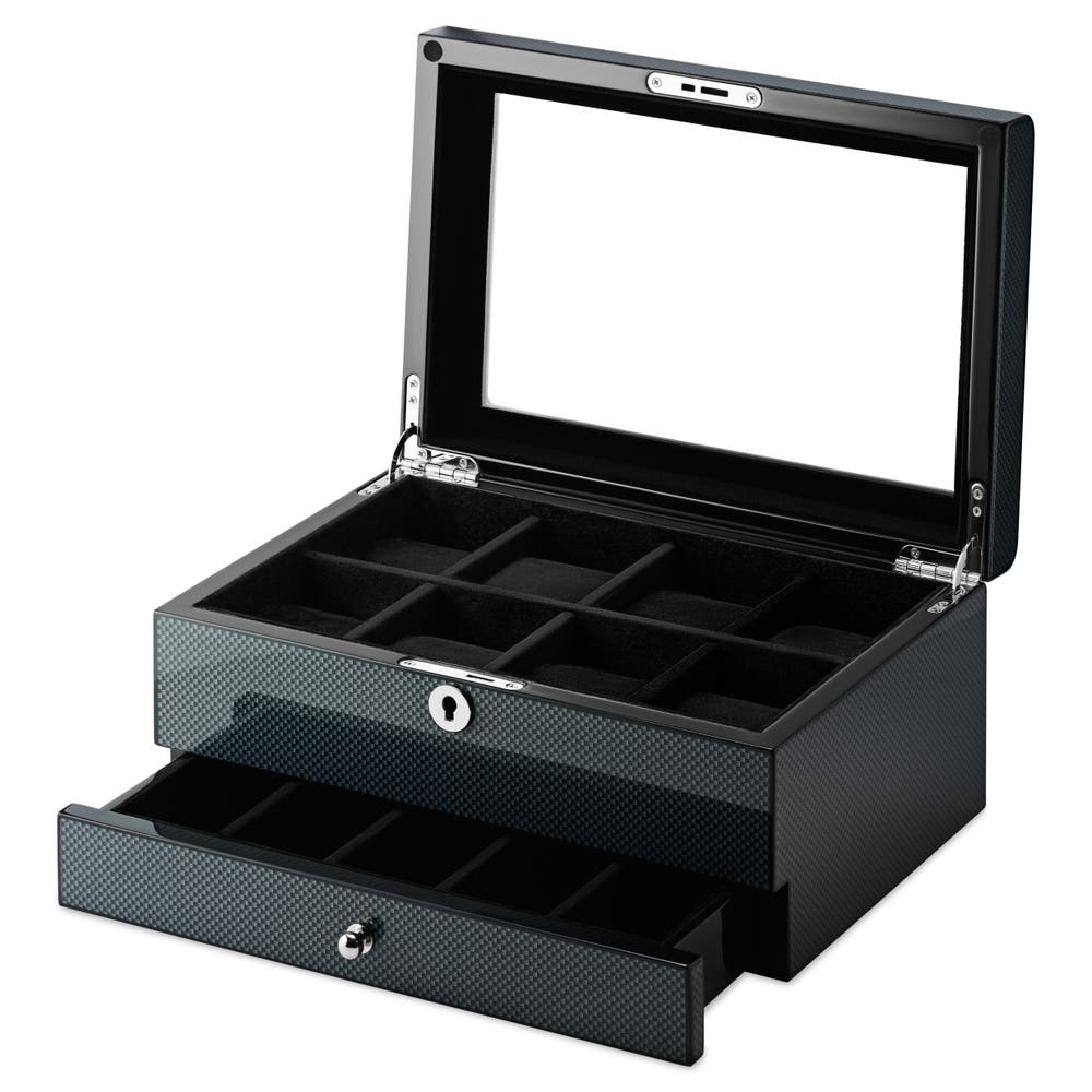 hover: 8 Slot Carbon Fibre Veneer Watch and Jewellery Display Box hover: 8 Slot Carbon Fibre Veneer Watch and Jewellery Display Box