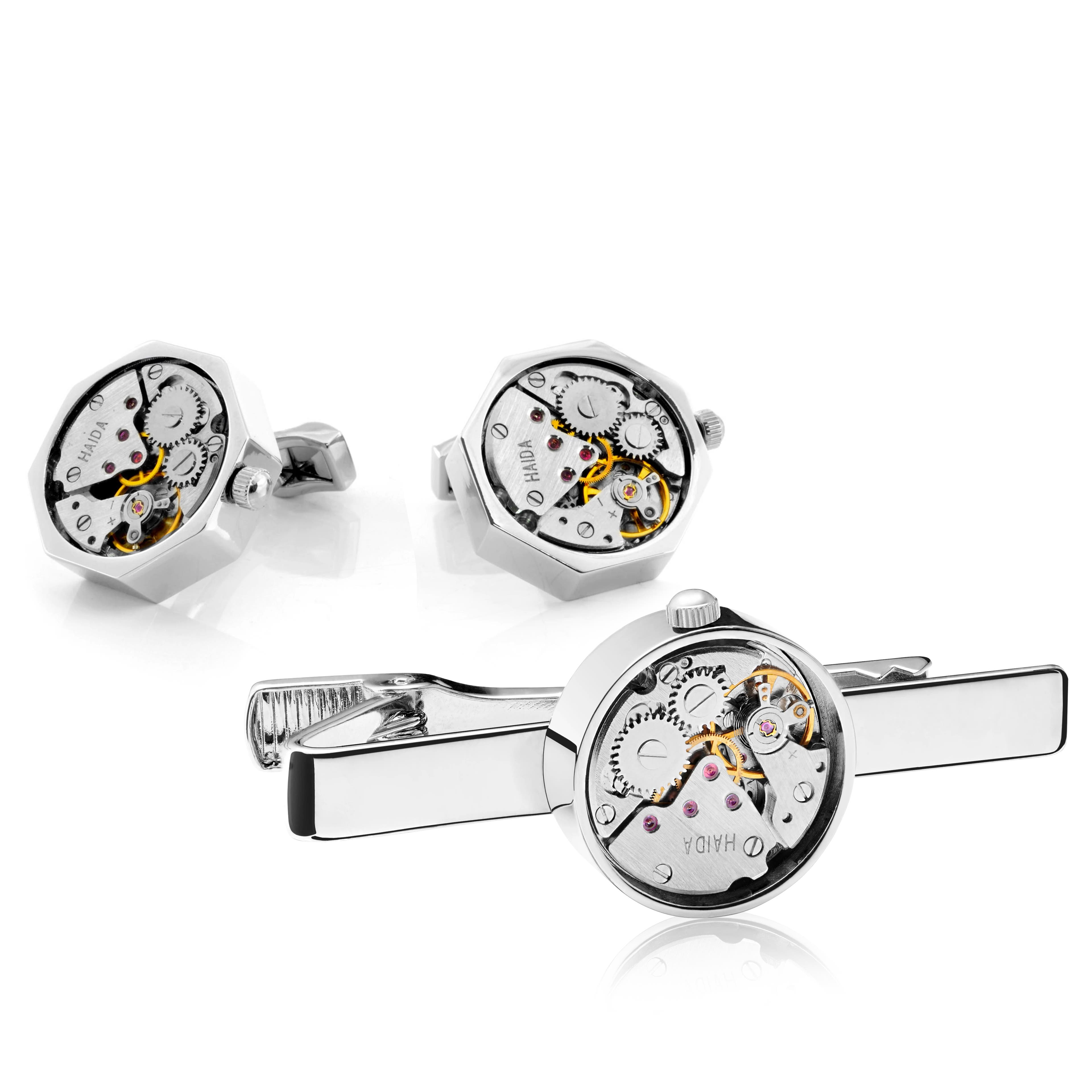 Silberfarbenes mechanisches Uhrwerk Krawattenklammer- und Manschettenknöpfe-Set
