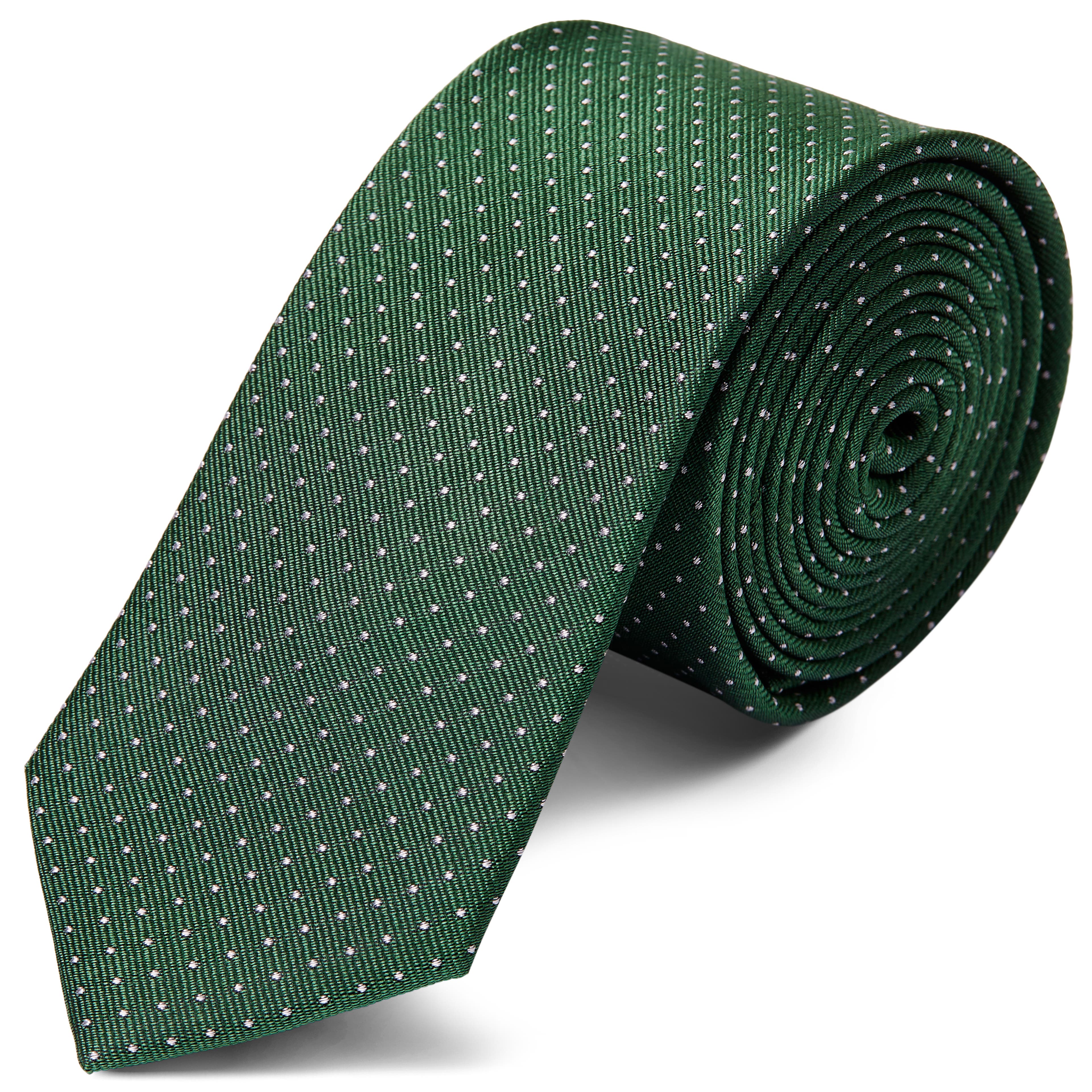 Zöld selyem nyakkendő fehér pöttyös mintával - 6 cm
