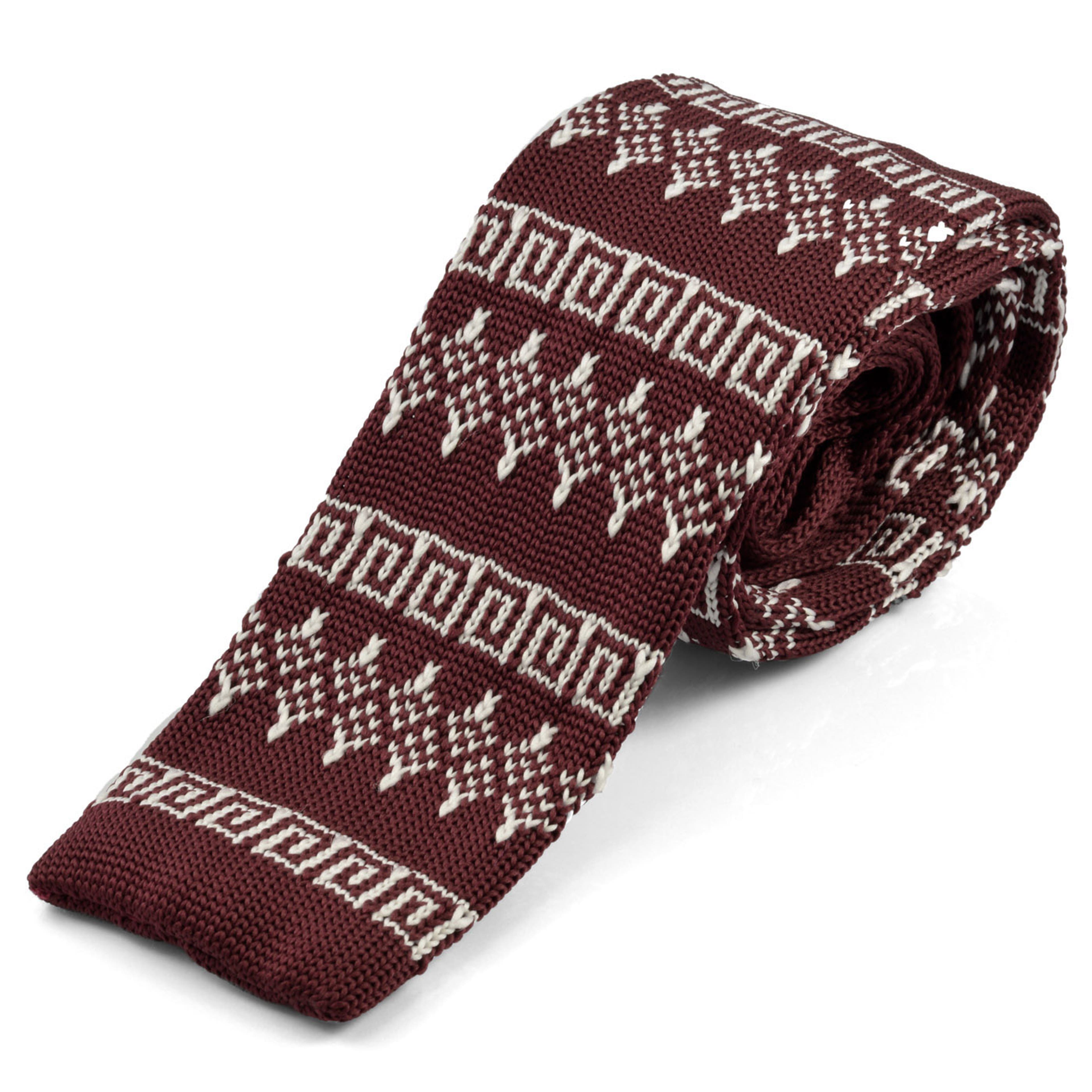 Burgundy & White Checkered Pattern Polyester Knitted Tie