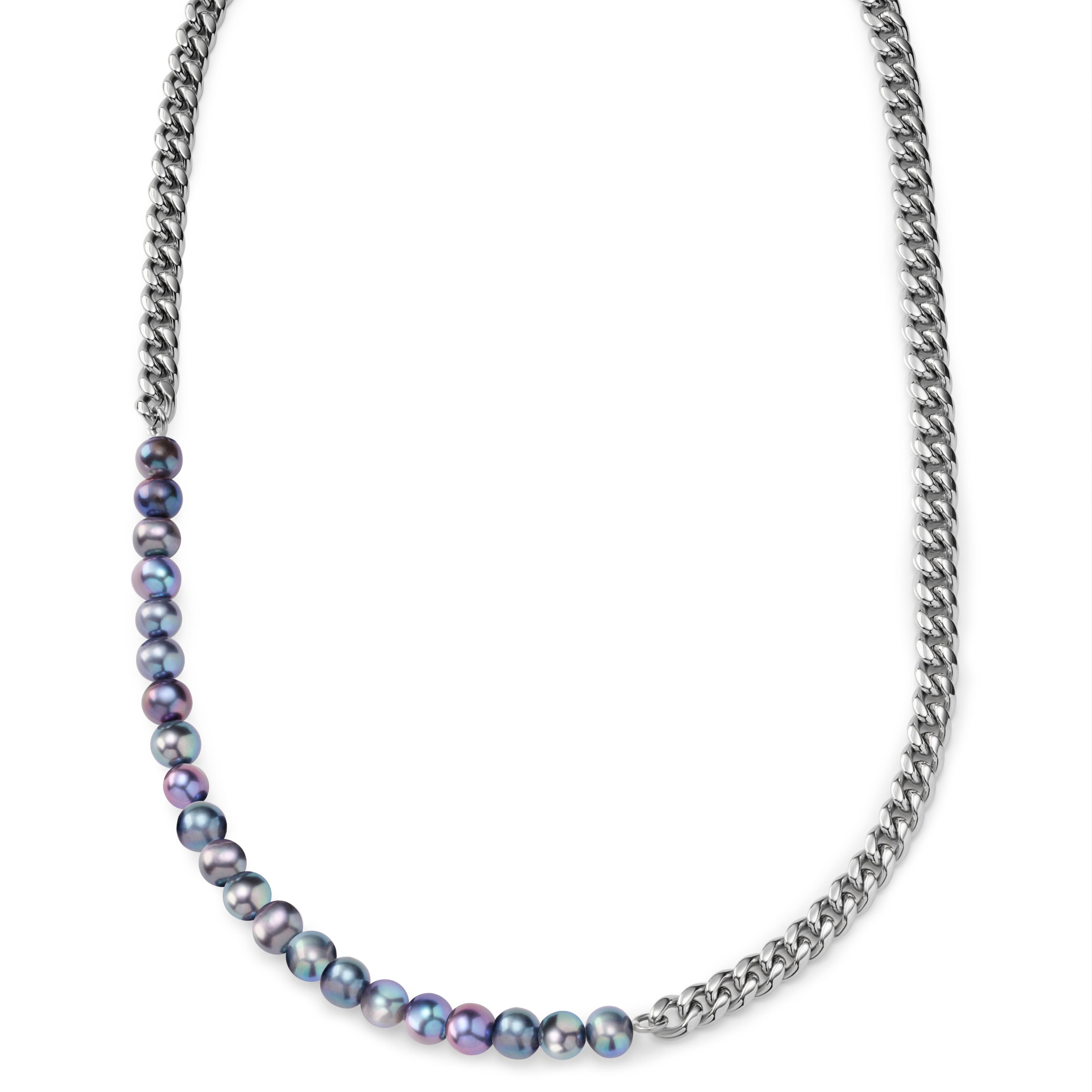 Ocata | Collier de chaîne argenté à mailles courbes et perles noires