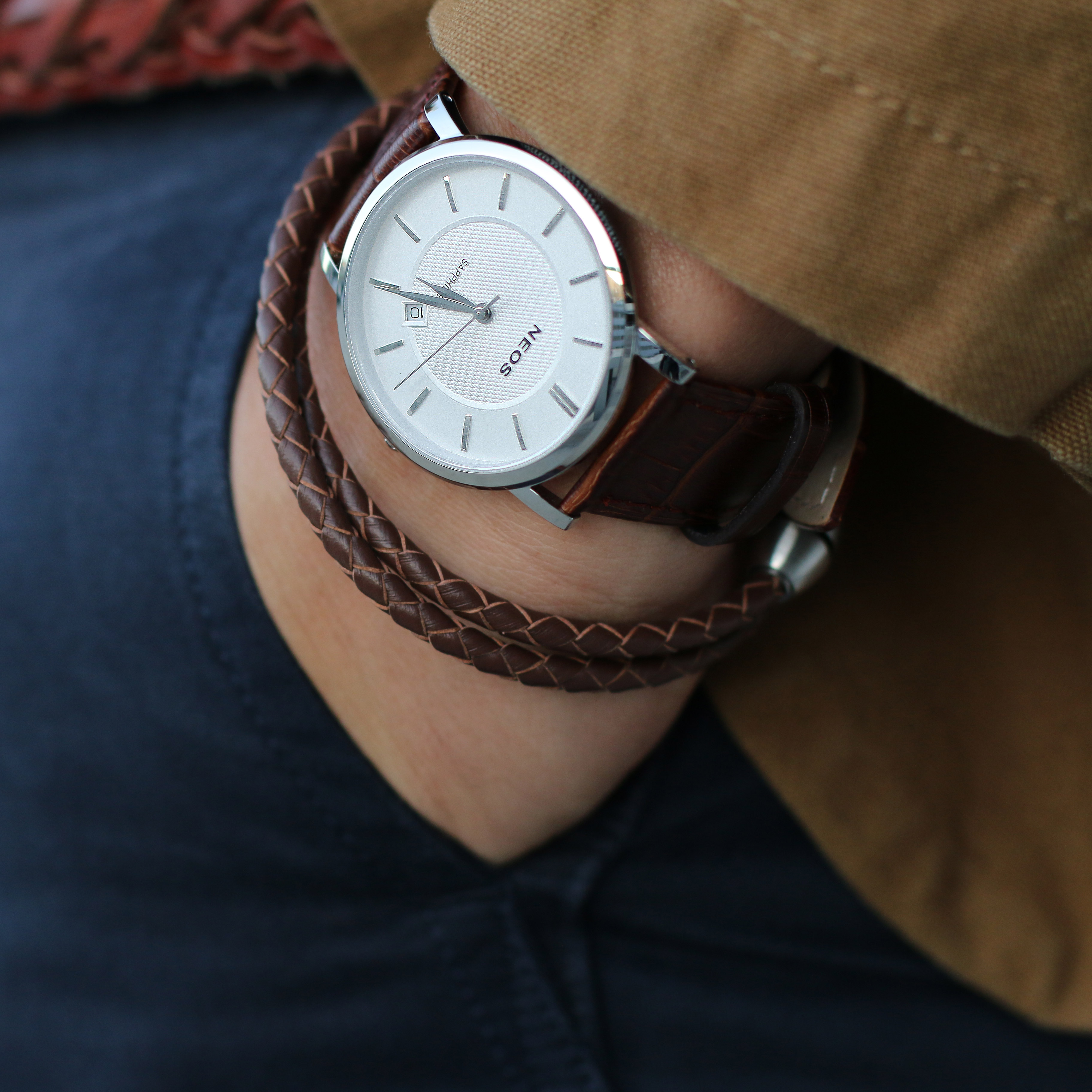 Brown Braided Leather & Stainless Steel Wrap Bracelet - 5