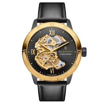 Dante II | Relógio Esqueleto em Aço Inoxidável Dourado com Pulseira em Pele Preta