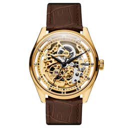 Motus | Gold-Tone Automatic Skeleton Watch With Chocolate Brown Leather Strap