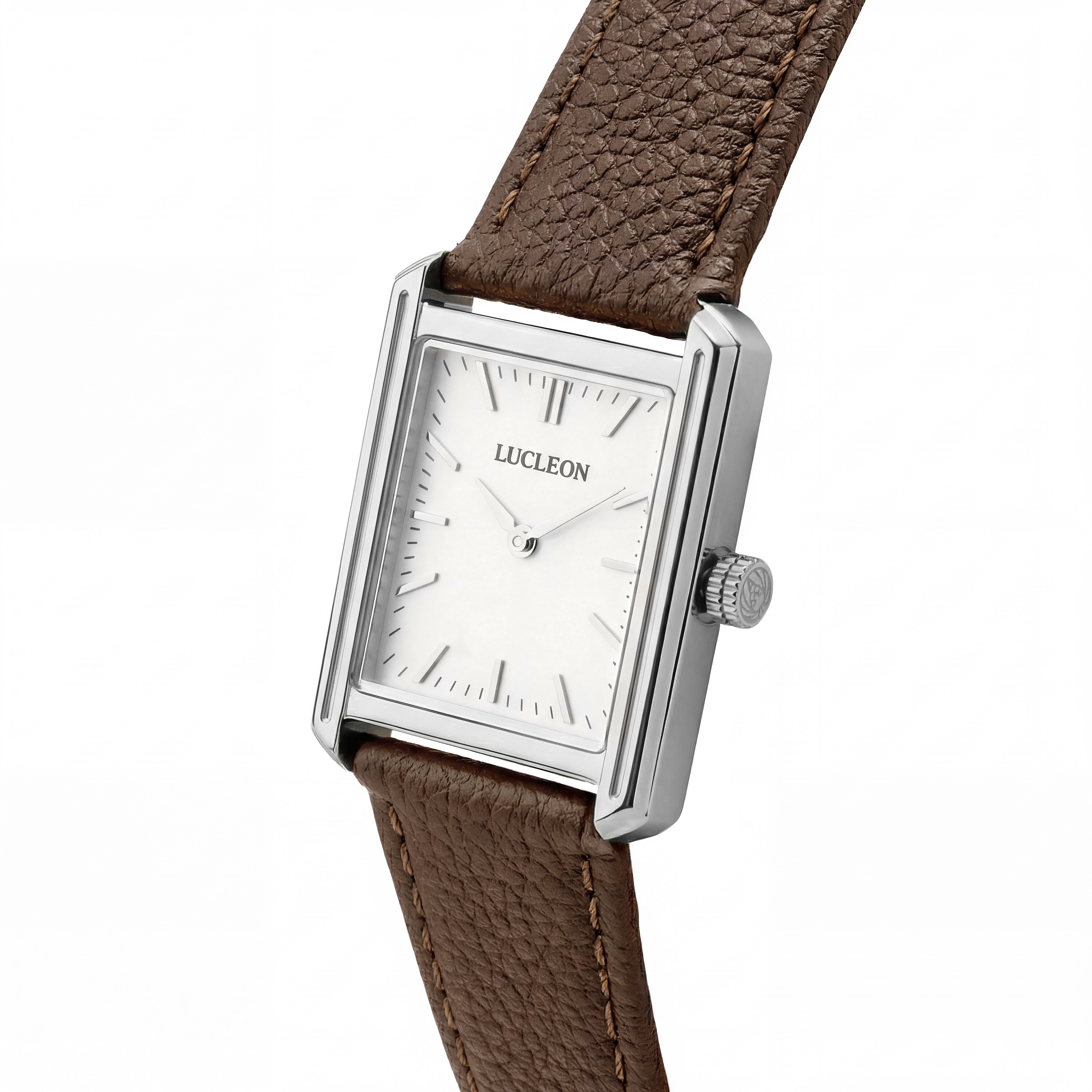 Legacy | Retro Sølvtonet Firkantet Ur med Hvid Urskive & Brun Læderrem - 2