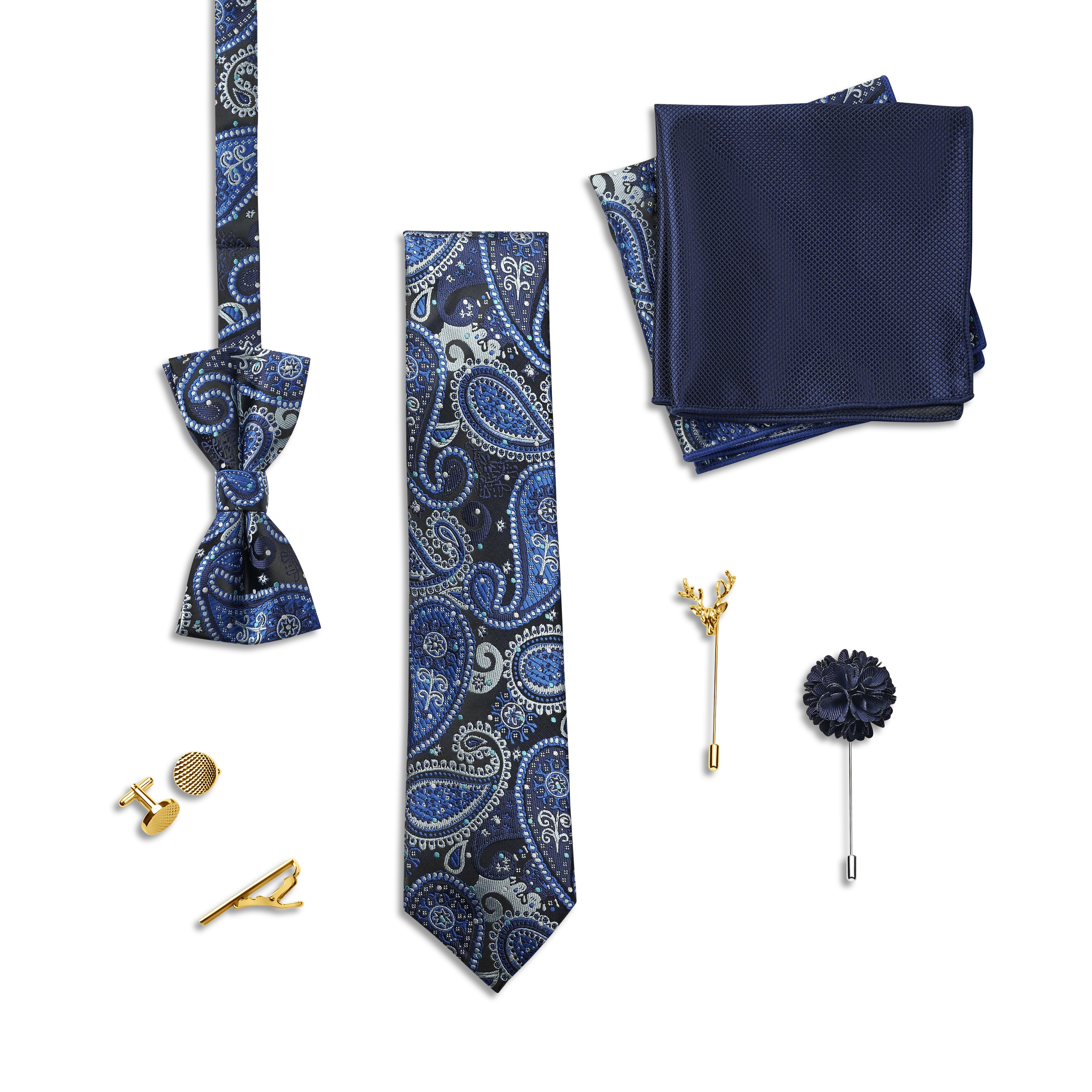 Coffret-cadeau d'accessoires de costume | Set doré & bleu Paisley - 4