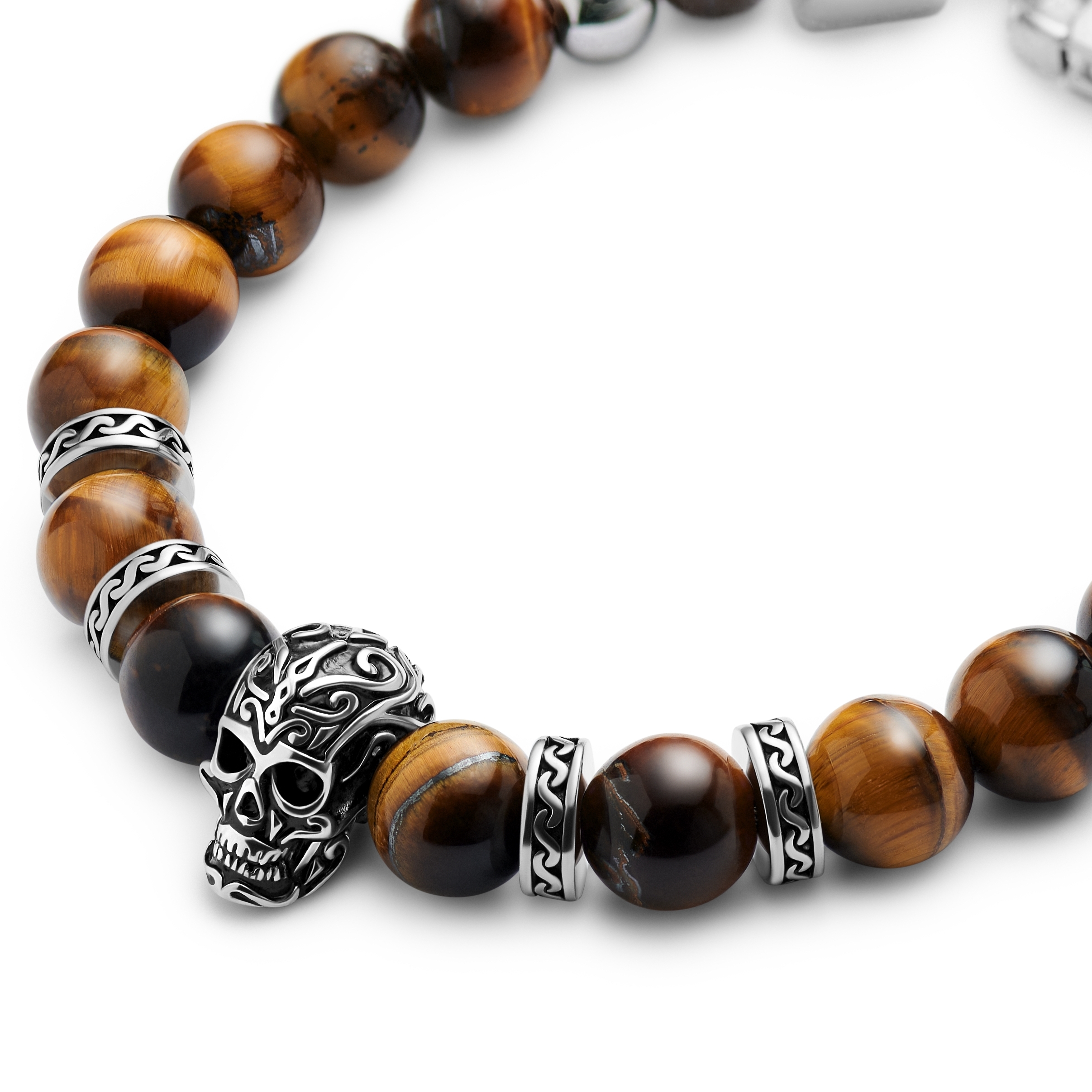 Rico | Zapestnica z lobanjo iz tigrovega očesa in srebrnega nerjavečega jekla - 2