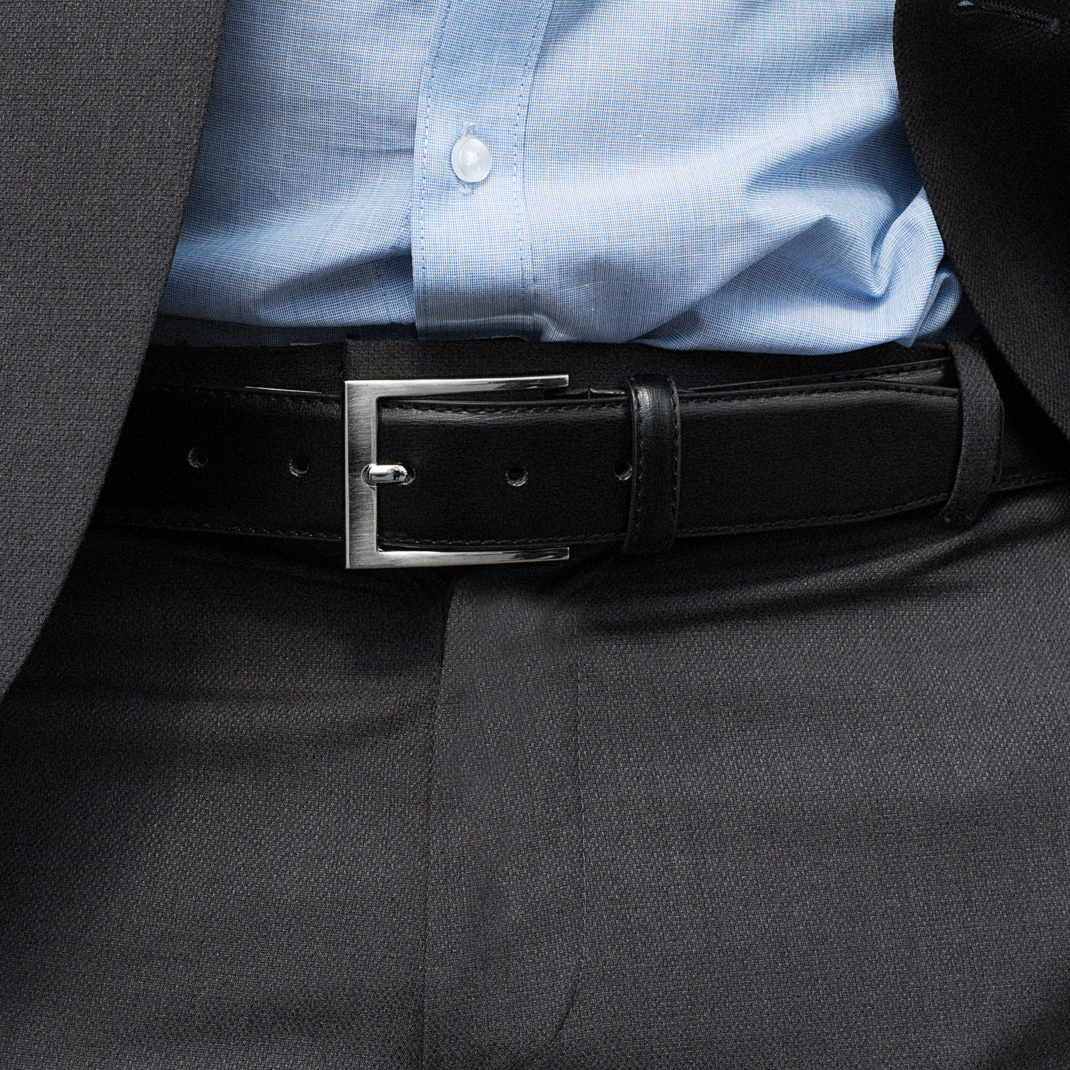 Basic Silver-Tone Buckle Black Leather Belt - 4