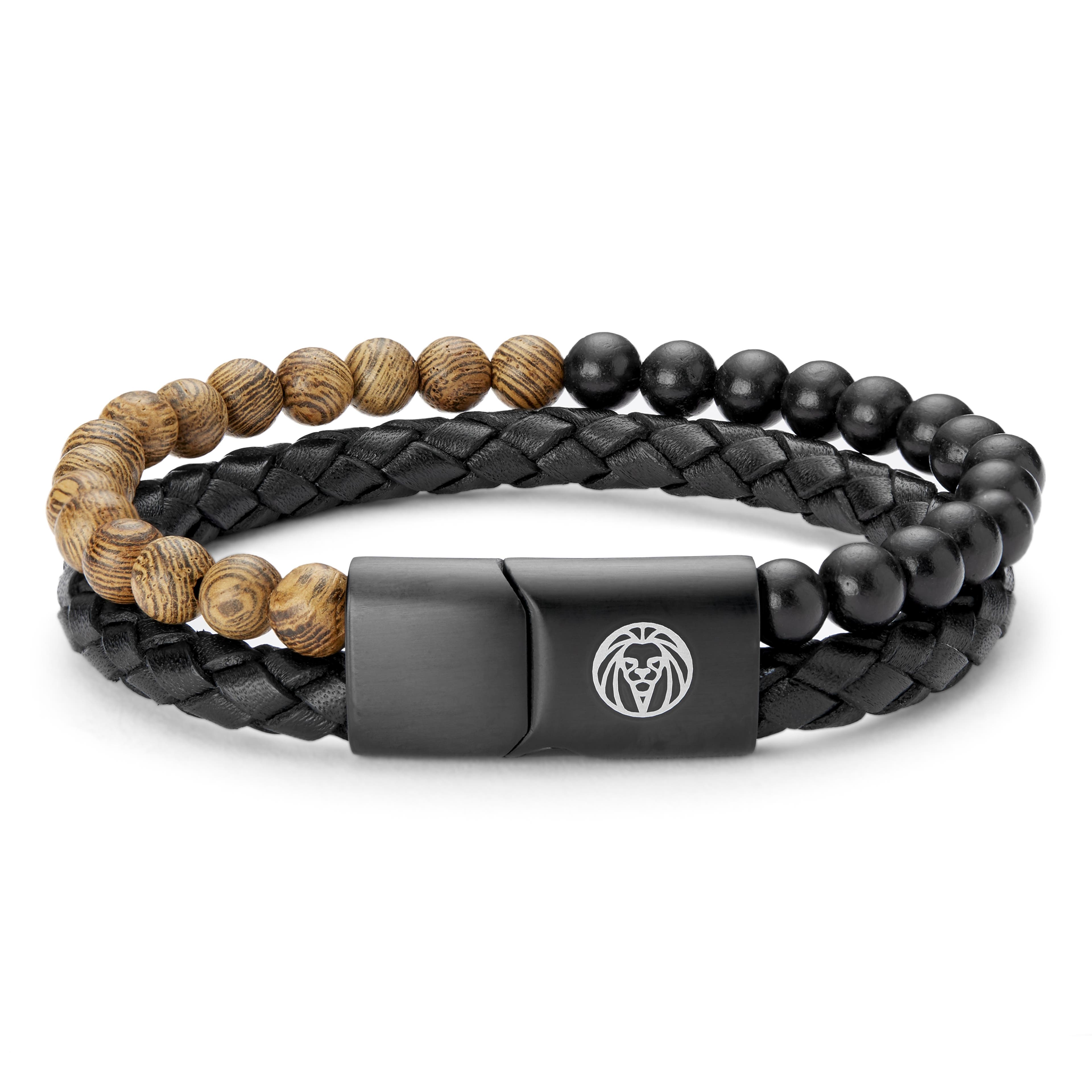 Icon, Wooden Bead & Black Leather Cord Bracelet, In stock!