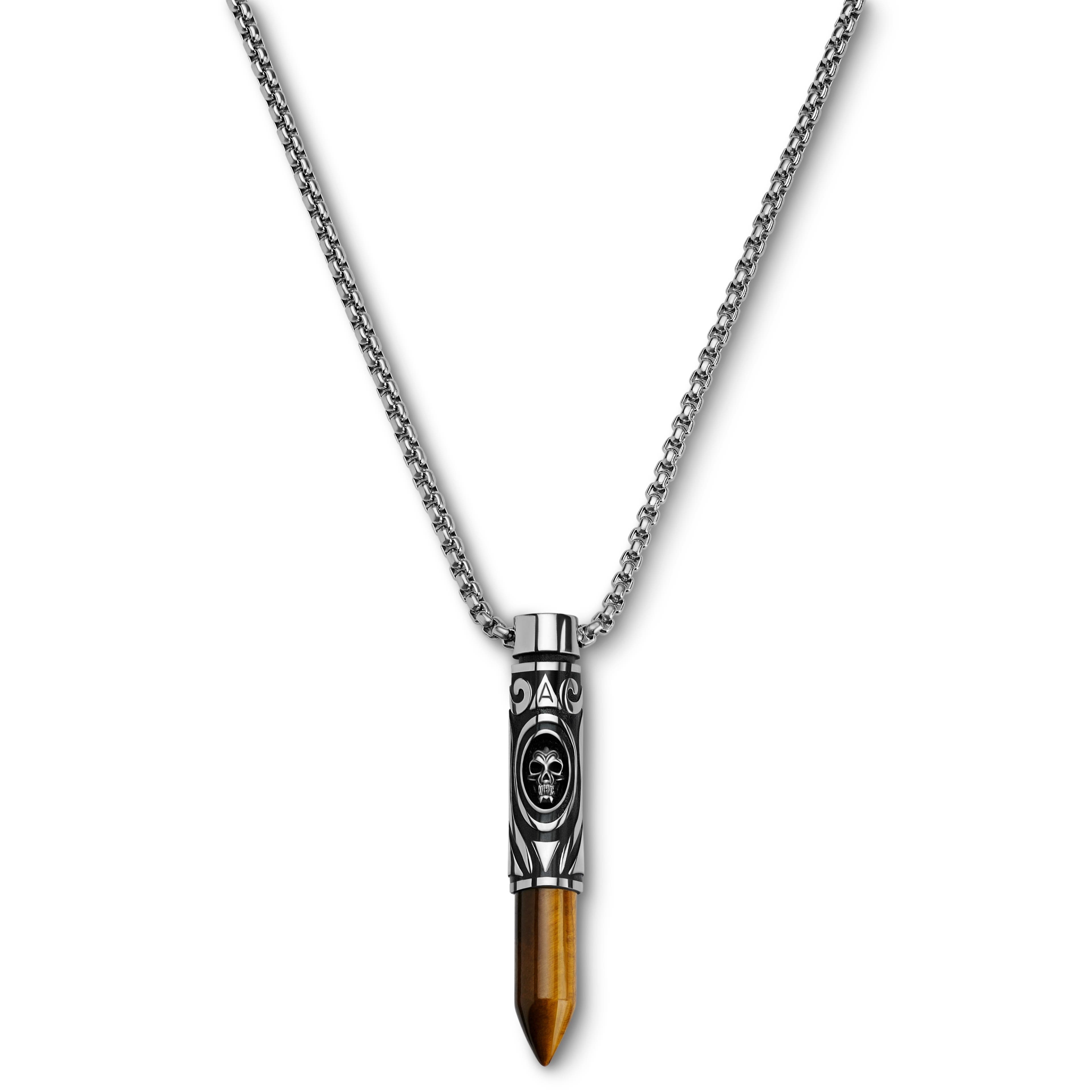 Rico | Silver-tone Stainless Steel & Yellow Tiger's Eye Bullet Necklace
