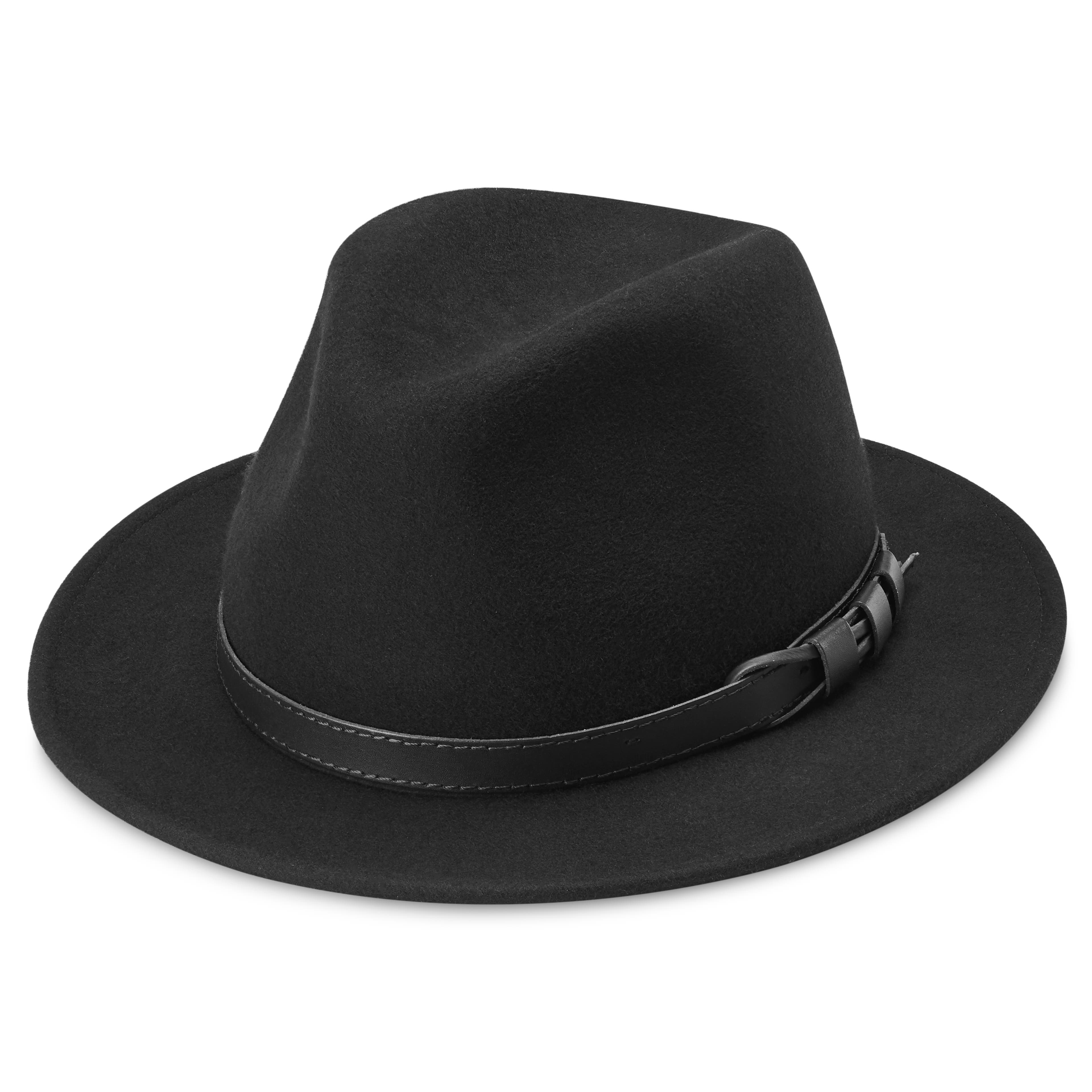 Moda  Black Wool Flat Brim Fedora Hat With Black Vegan Leather