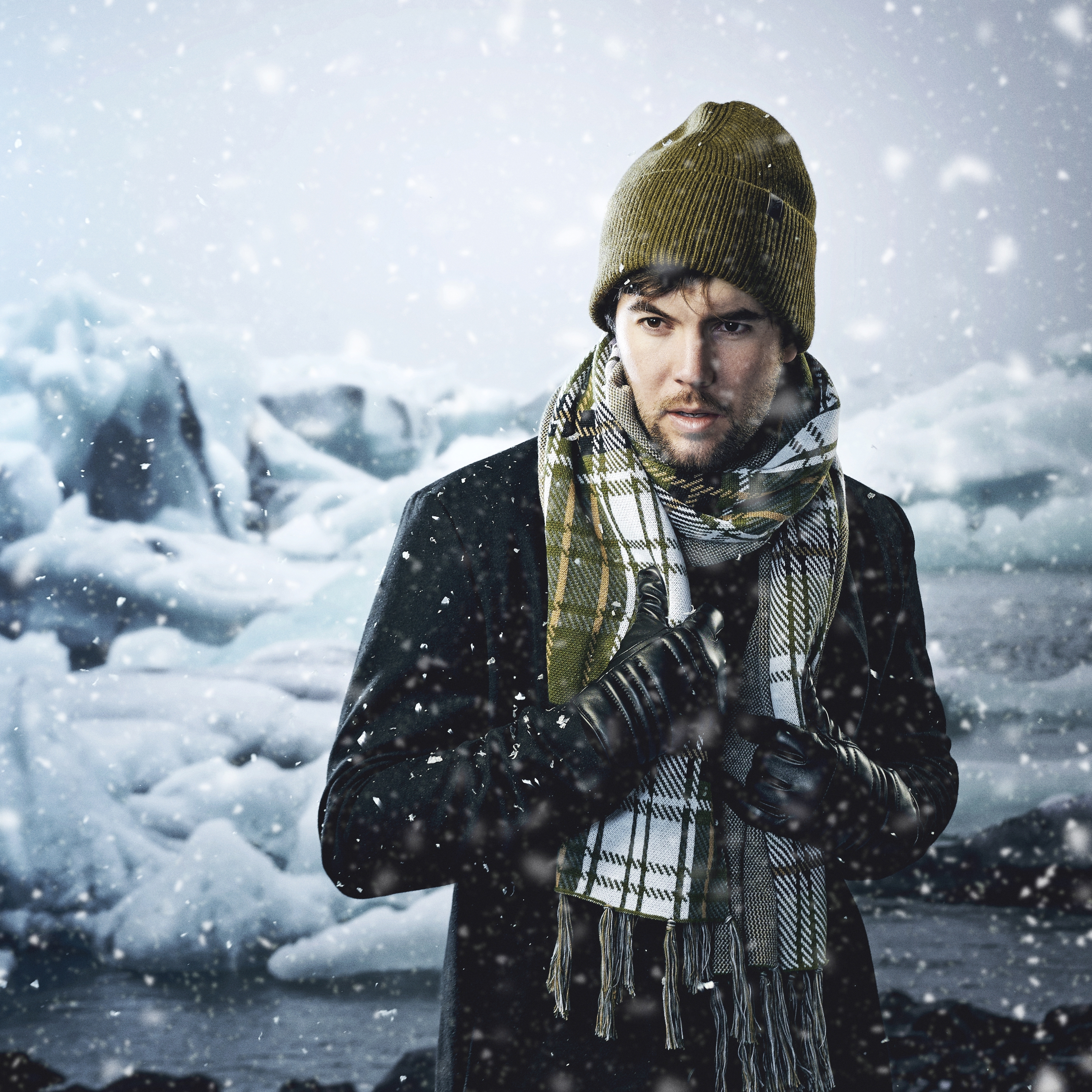 Olive Green Recycled Cotton Plaid Scarf - 3