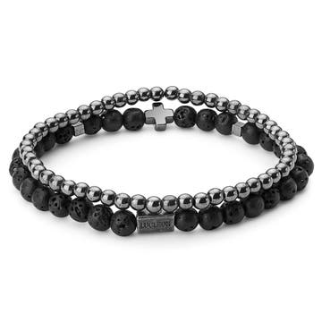 Lavos akmens ir hematito apyrankių rinkinys su kryžiumi Lavos akmens ir hematito apyrankių rinkinys su kryžiumi