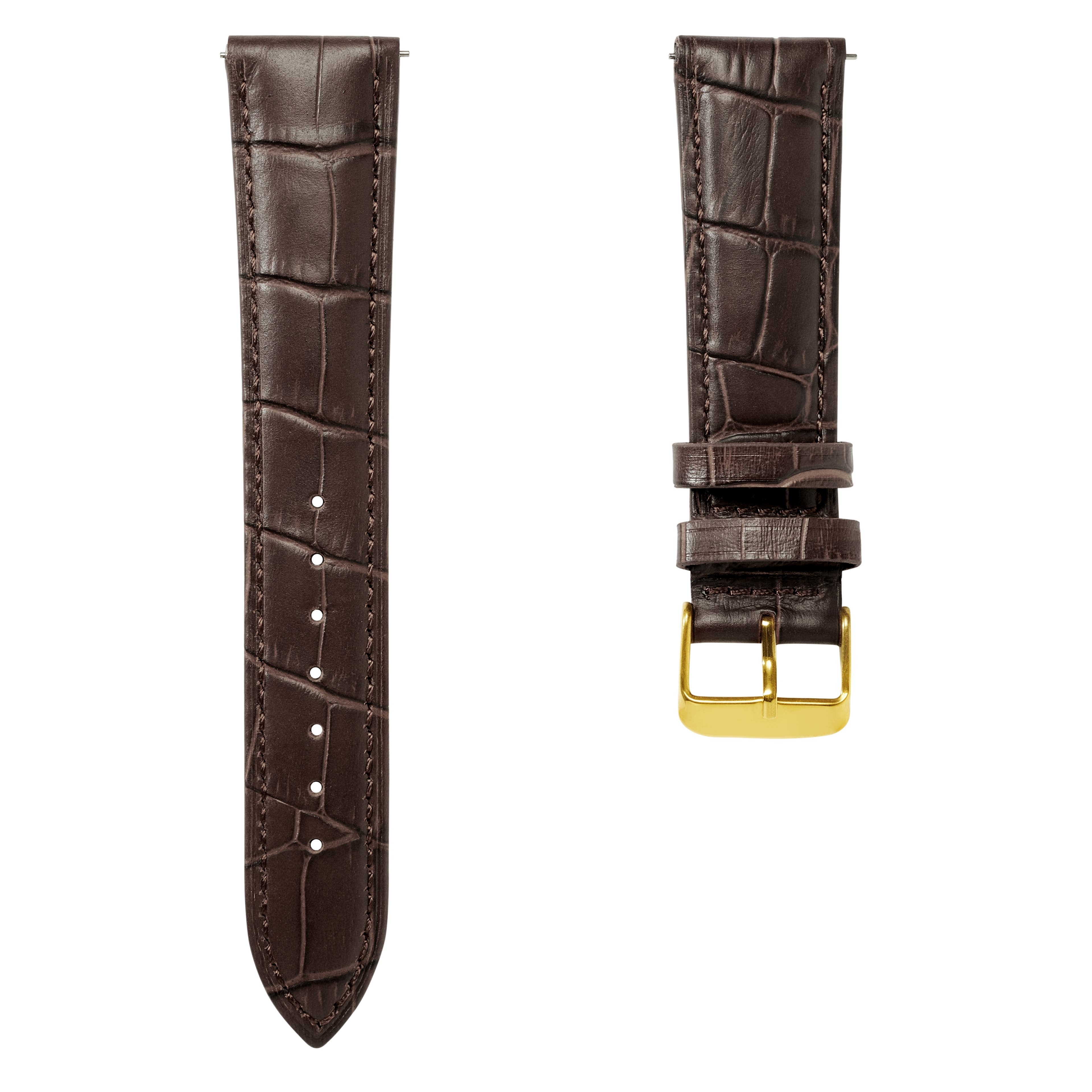 Тъмнокафява кожена каишка с крокодилски шарки, златиста катарама и пружинни щифтове 22 мм