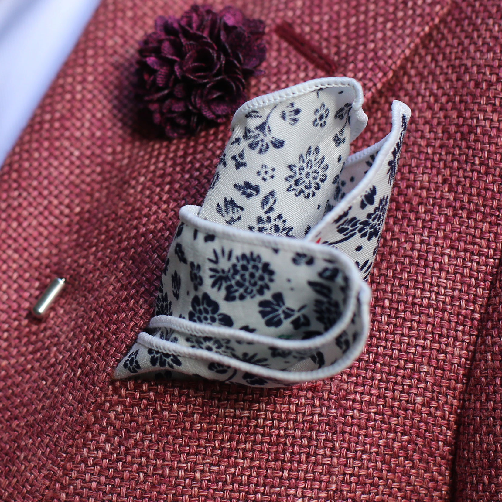 Valkoinen/Sininen Kukkakuvio Puuvilla Taskuliina - 3