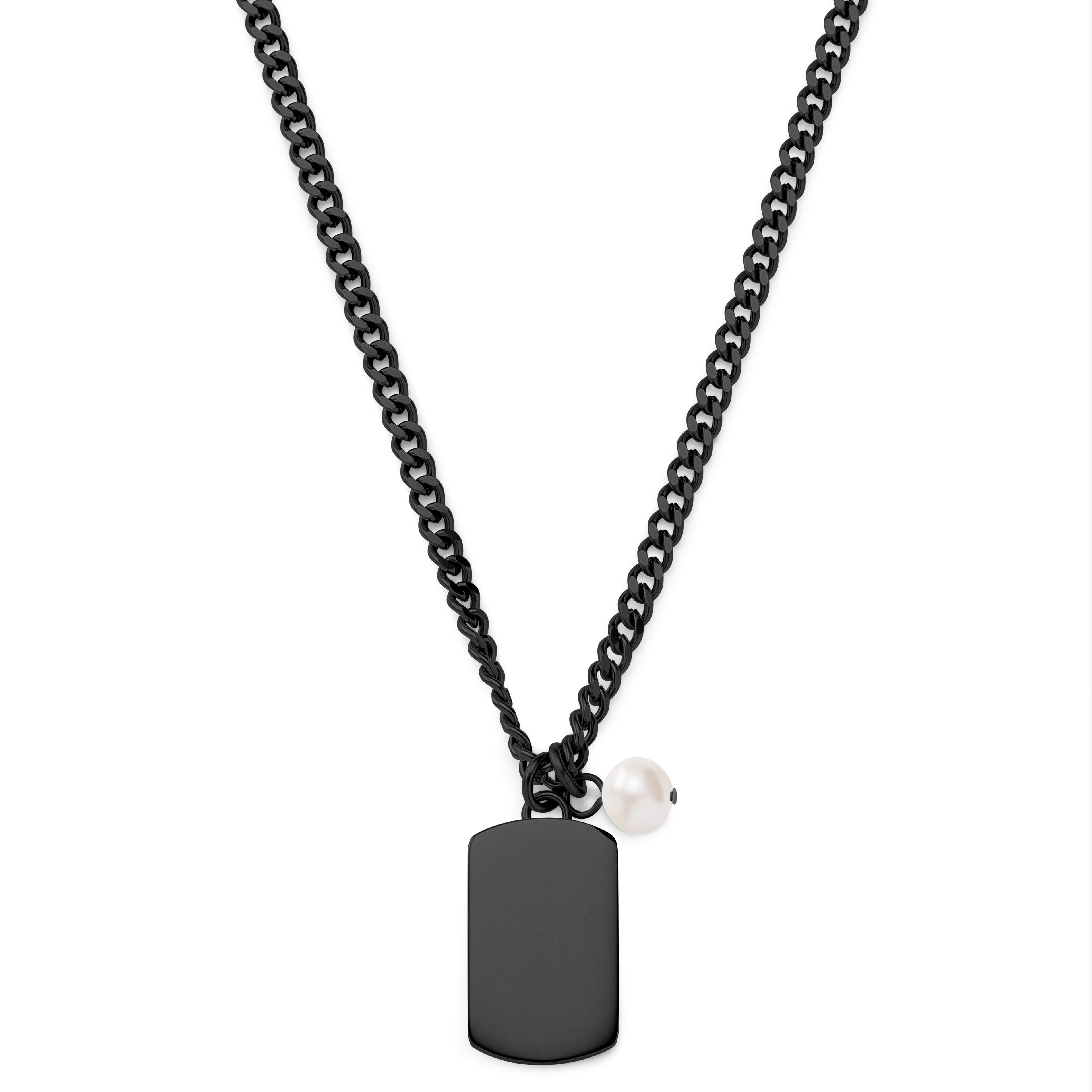 Ocata | Black Dog Tag & Pearl Necklace