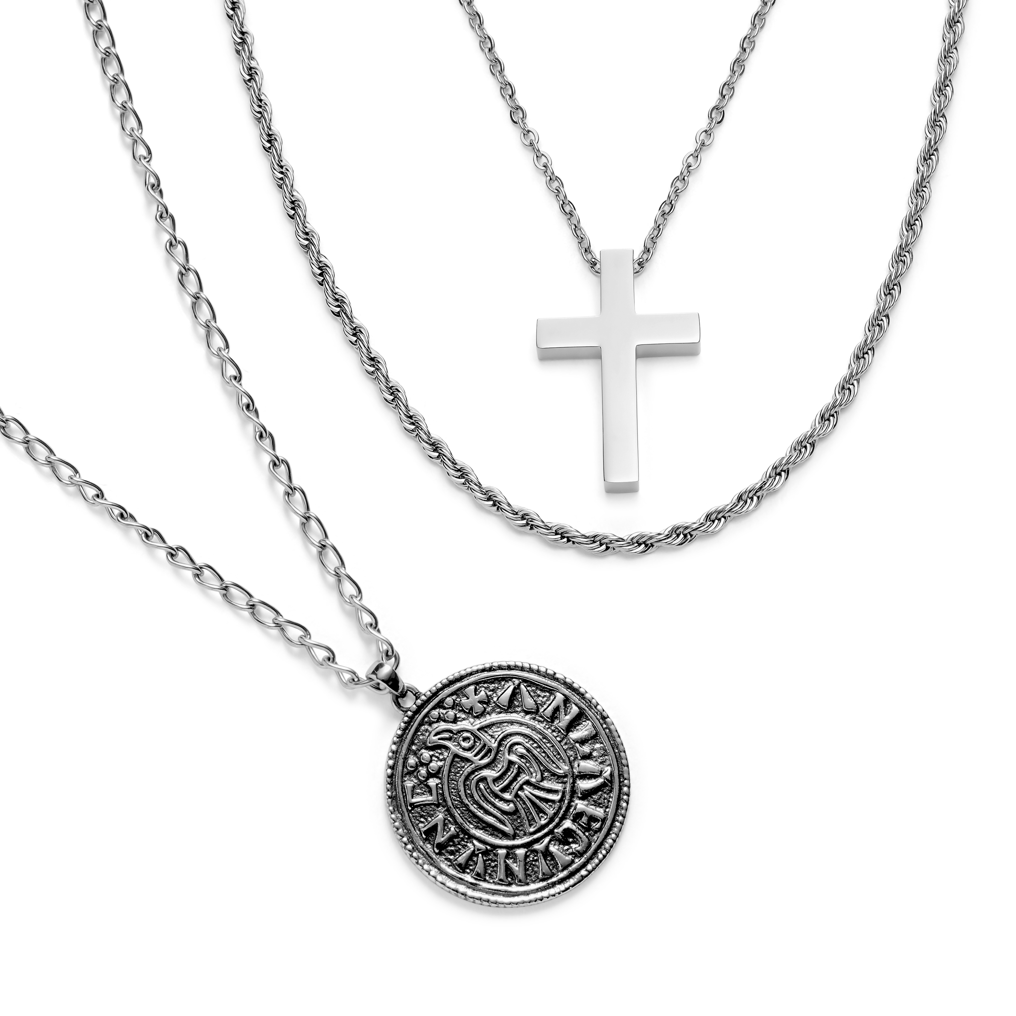 Hopeanvärinen köysiketju, ristikoru ja viikinkikolikko -kerrostussetti - 2