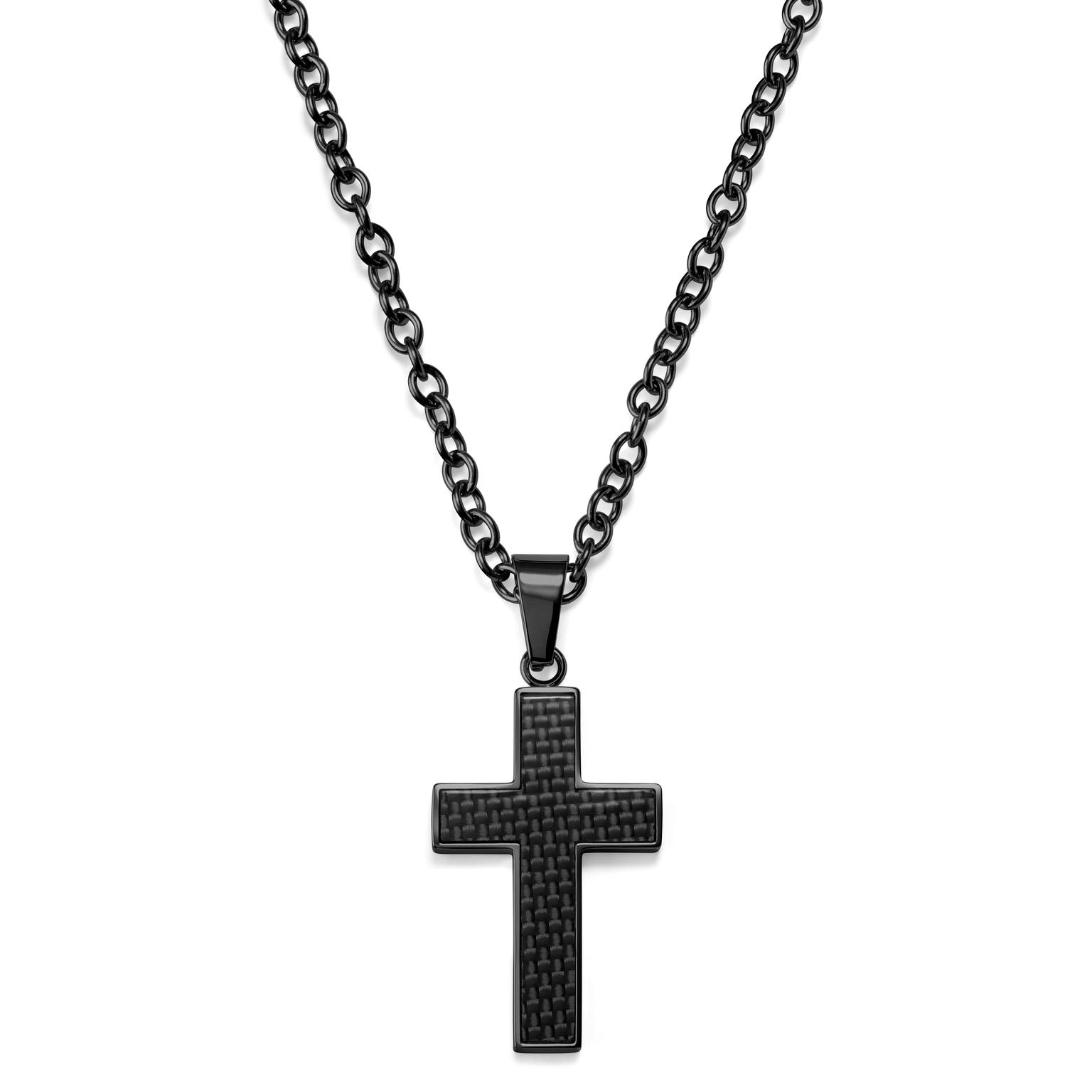 Gunmetal Stainless Steel & Black Carbon Fibre Inlay Cross Cable Chain Necklace Gunmetal Stainless Steel & Black Carbon Fibre Inlay Cross Cable Chain Necklace