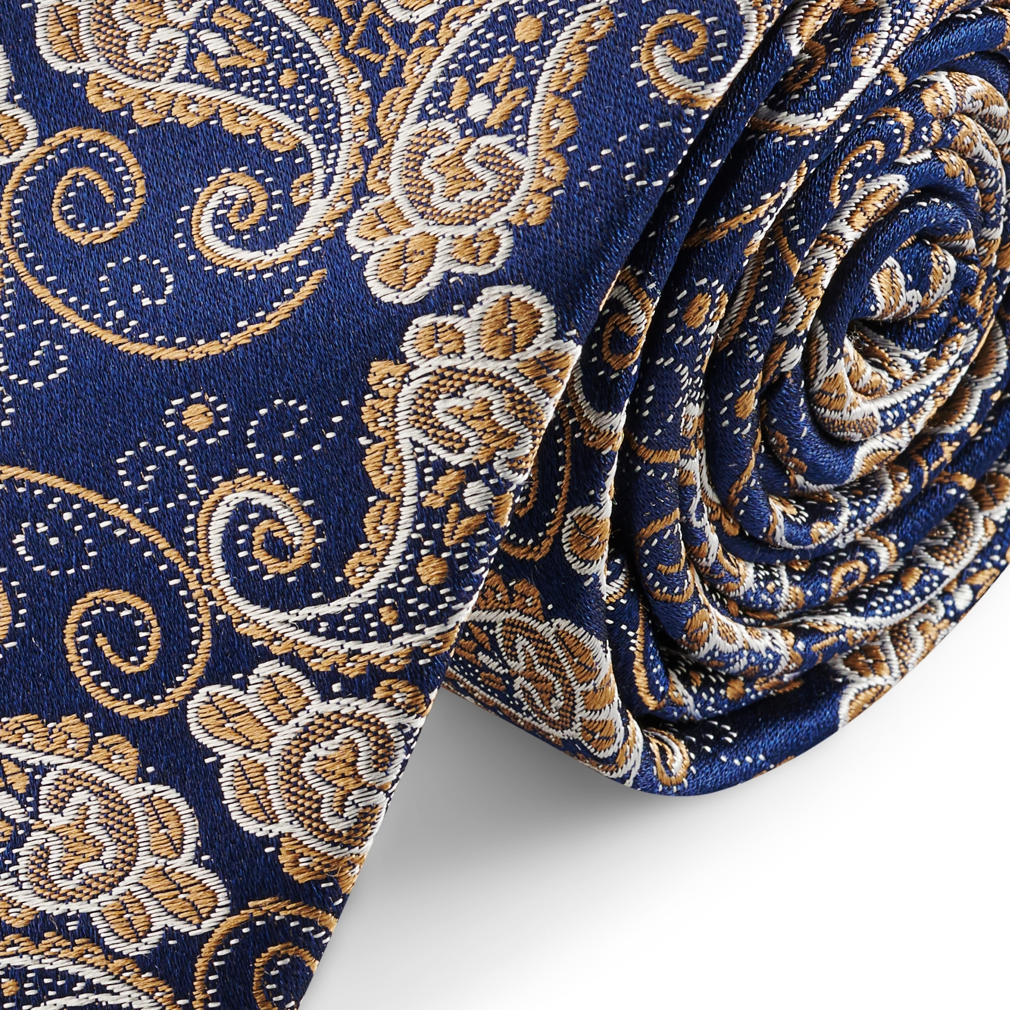 Zijden stropdas met blauw en goud paisleymotief | 6 cm - 2