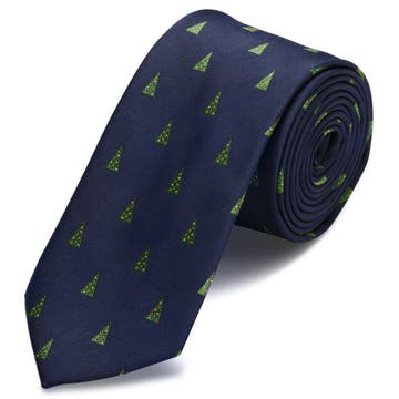 Тъмносиня коледна вратовръзка с елхи