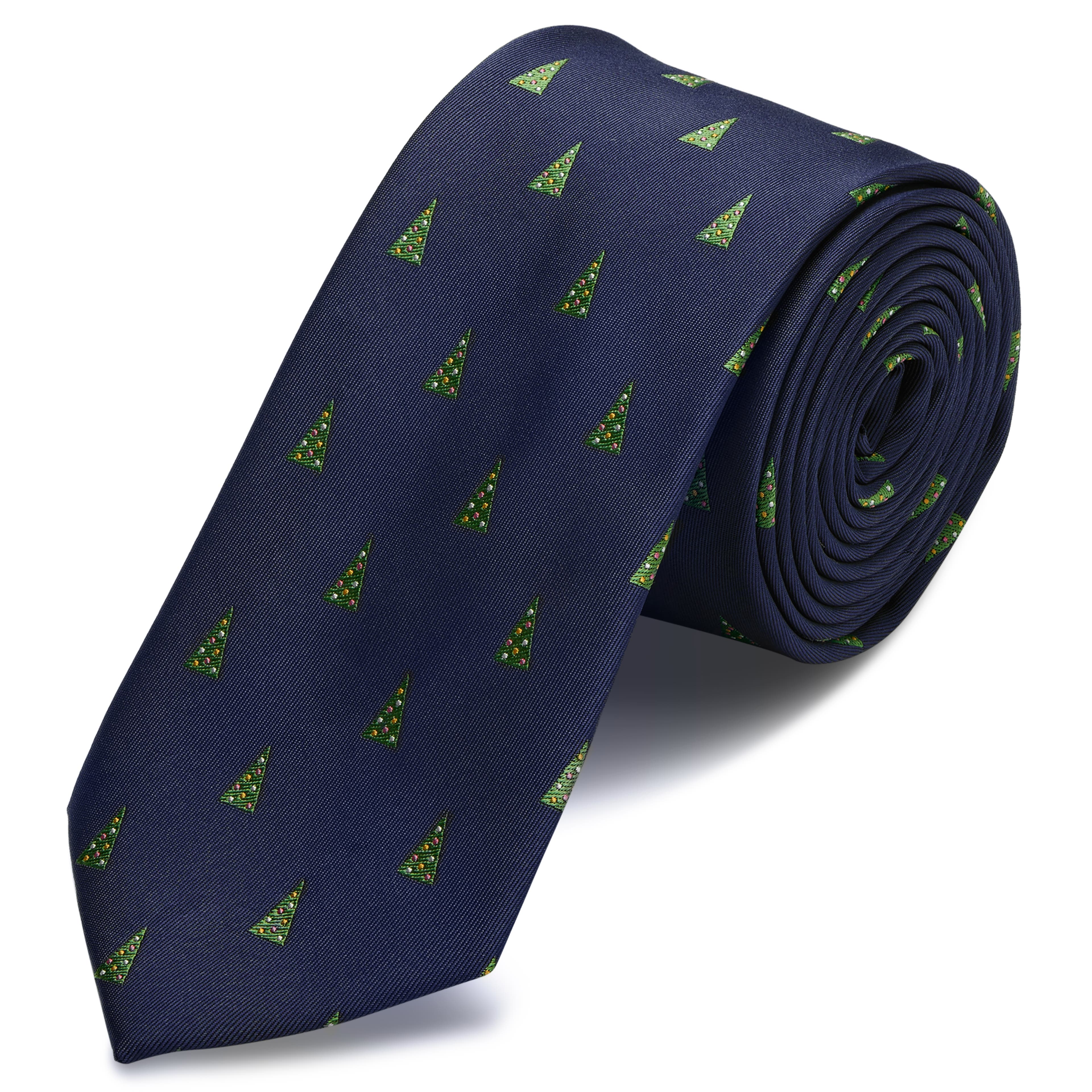 Cravate bleu marine à motifs de sapins de Noël