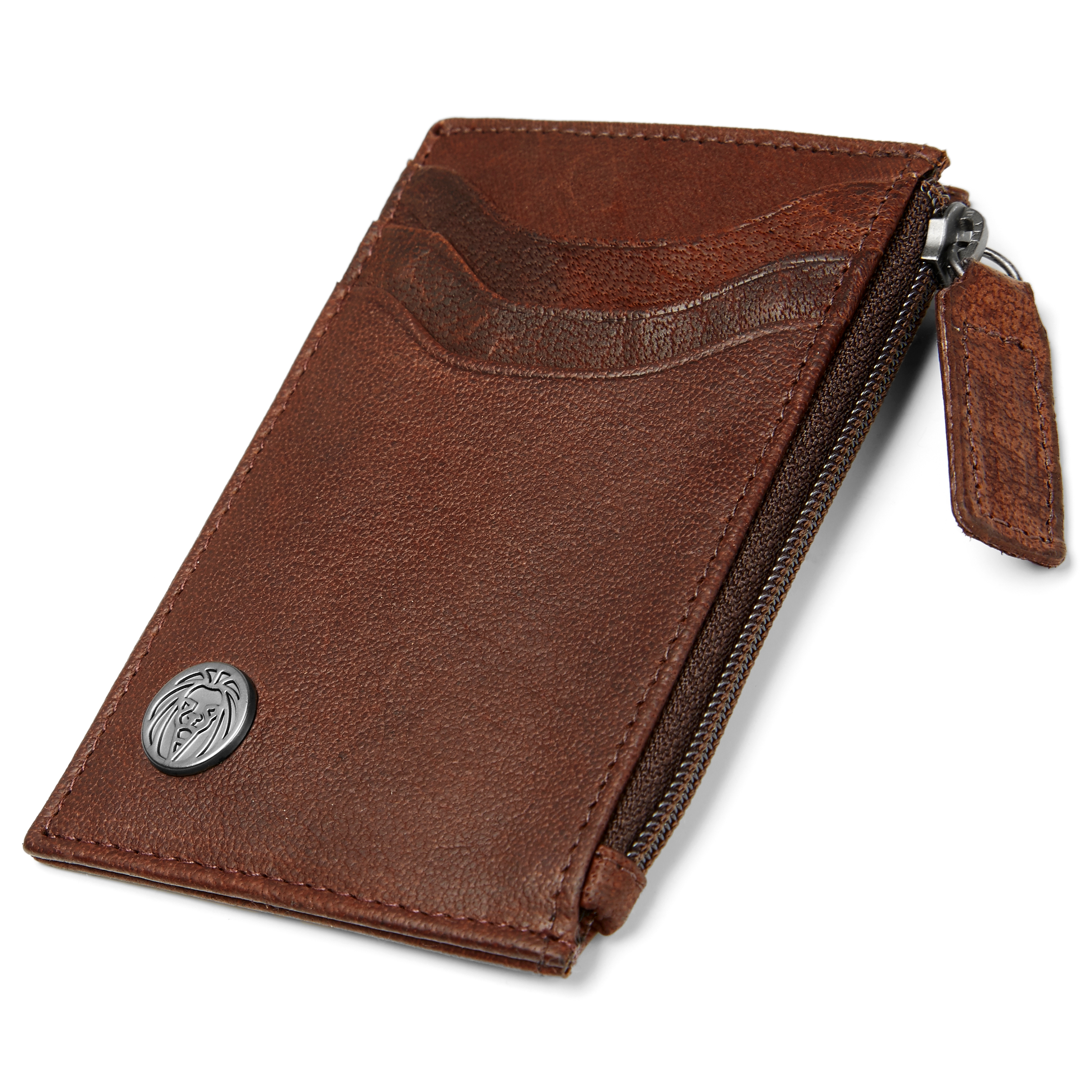 Tarjetero con cremallera de cuero marrón Oxford - 4