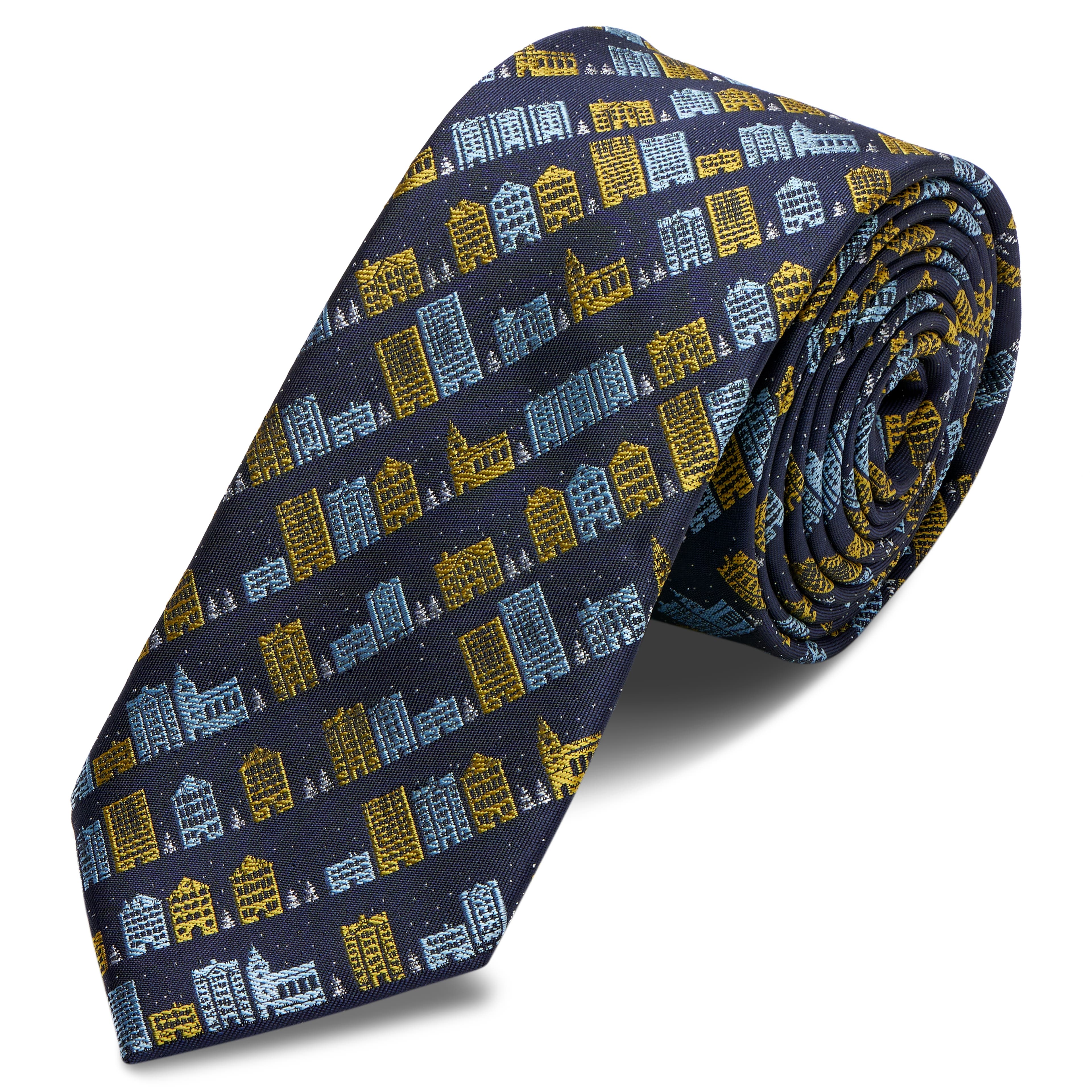 Navy Blue & Yellow Winter Wonderland Polyester Tie