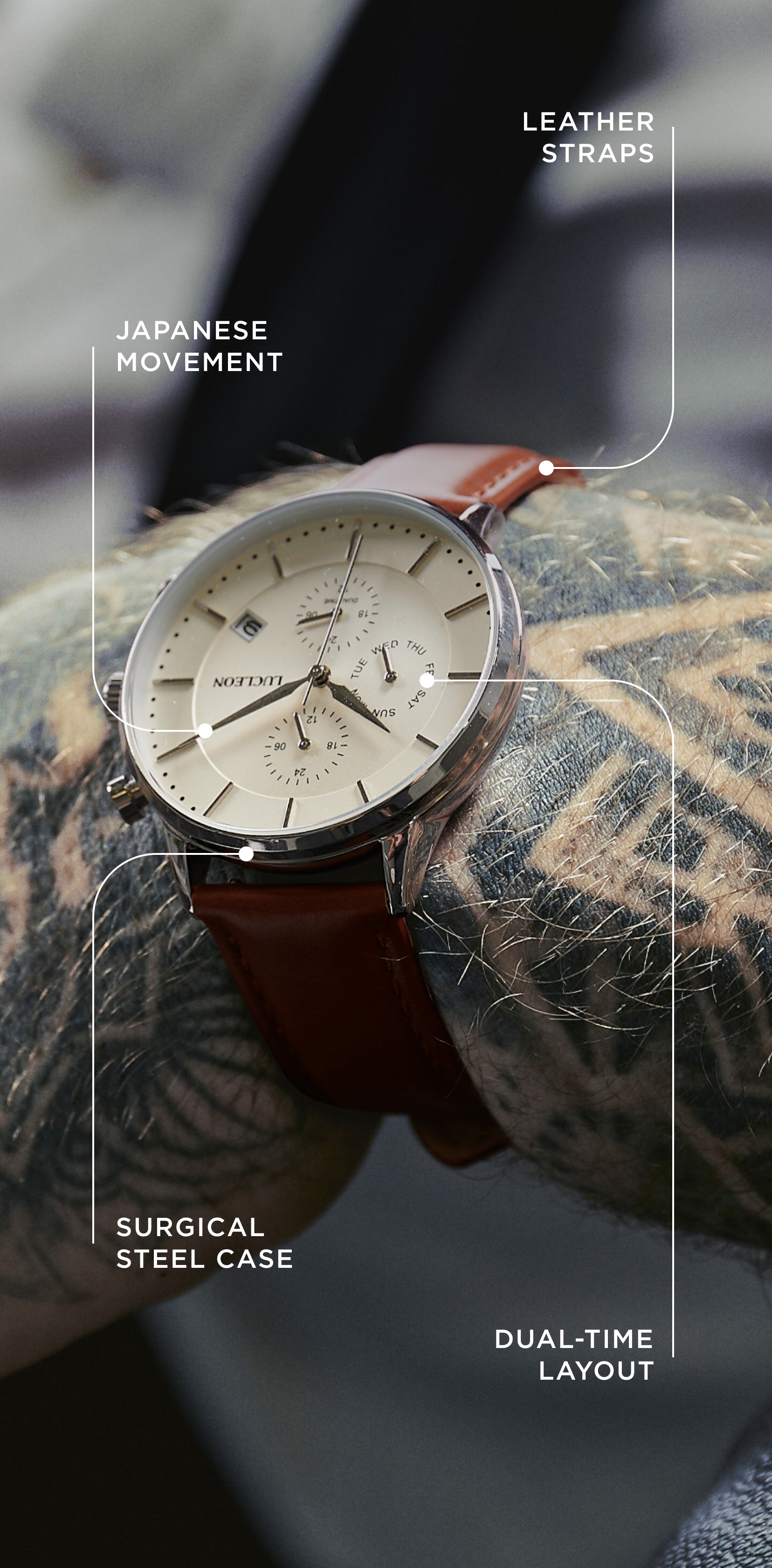 Ternion | Black Dual-Time Watch With Black Dial & Rust
