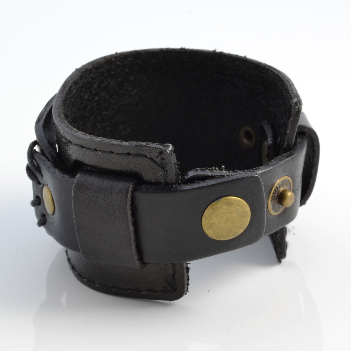 Pulsera ancha de cuero negro con dos tiras - 2