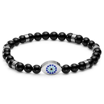 Evil Eye | Bracelet en perles d'onyx avec pendentifs argentés - 6 mm