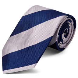 Cravate en soie à rayures bleu marine et argent - 8 cm